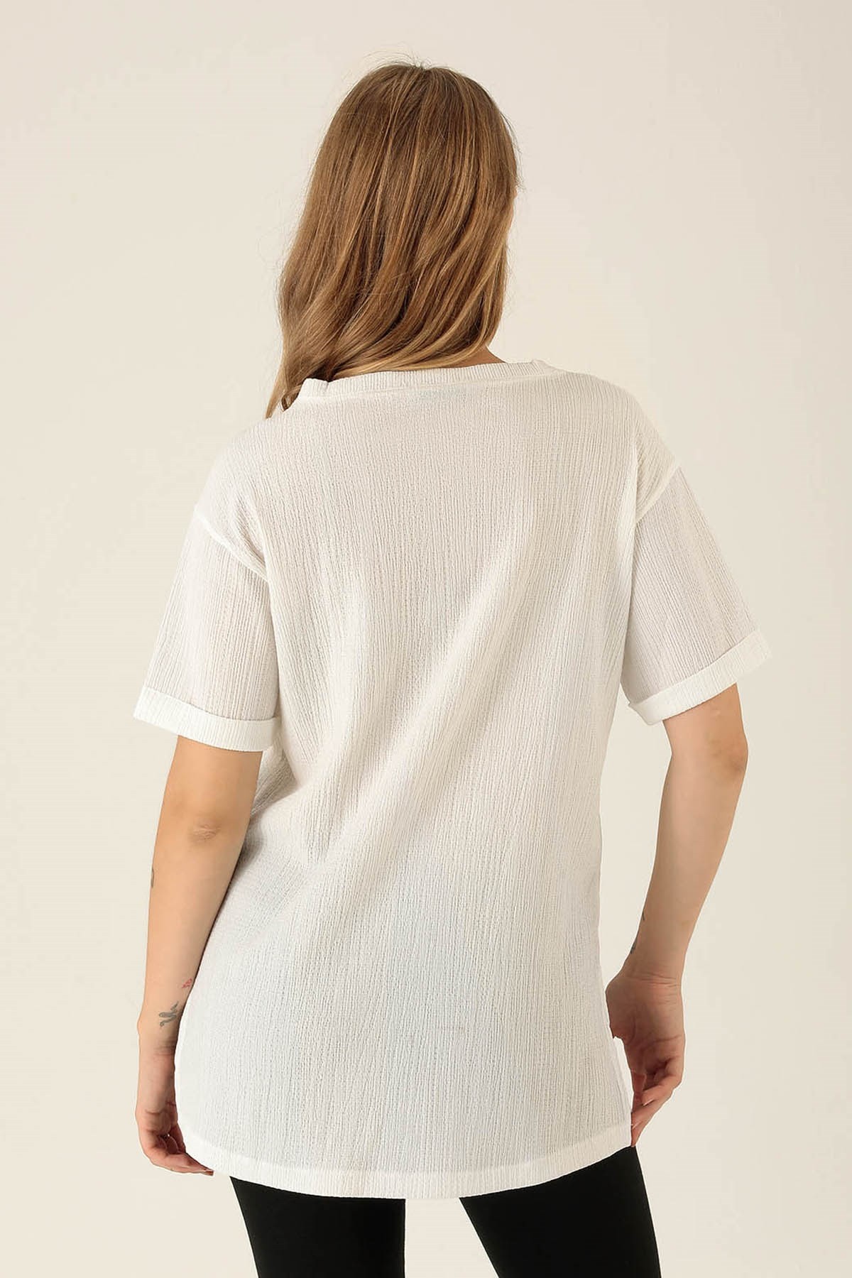 Kol Katlama Oversize Bayan Bluz - 6834A Beyaz