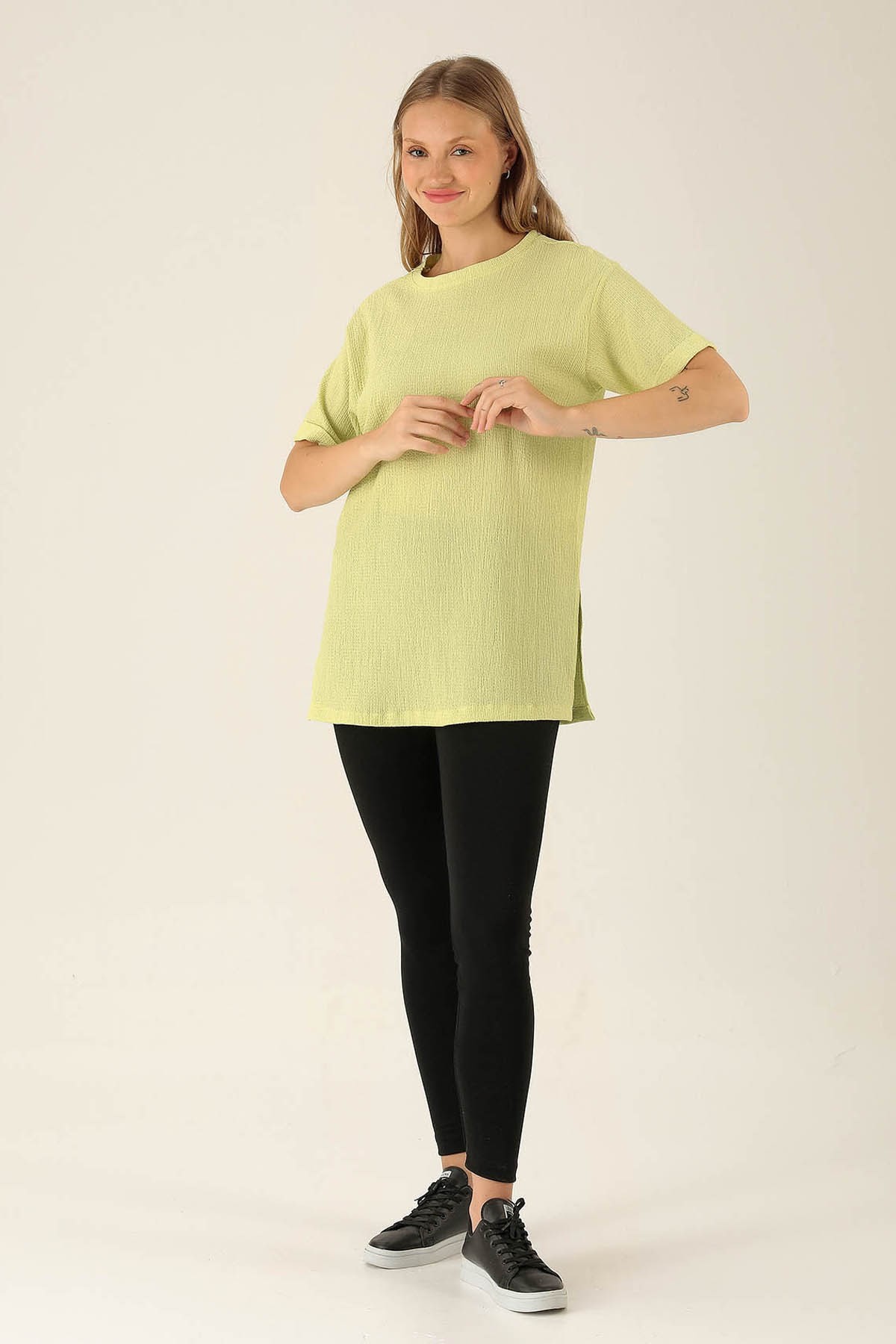 Kol Katlama Oversize Bayan Bluz - 6834A Fıstık Yeşili