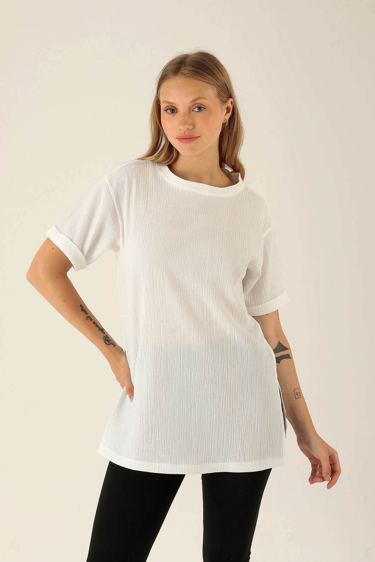 Kol Katlama Oversize Bayan Bluz - 6834A Beyaz