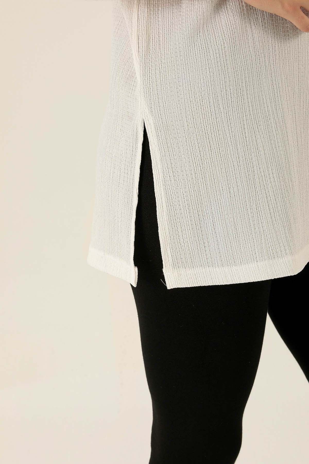 Kol Katlama Oversize Bayan Bluz - 6834A Beyaz