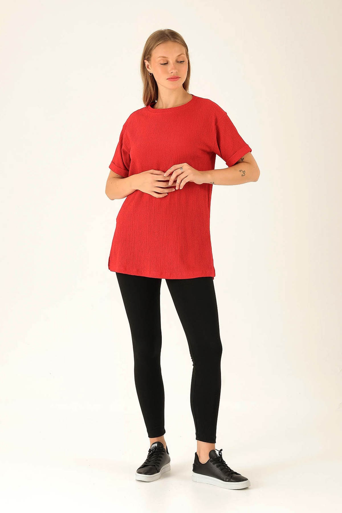 Kol Katlama Oversize Bayan Bluz - 6834A Kırmızı
