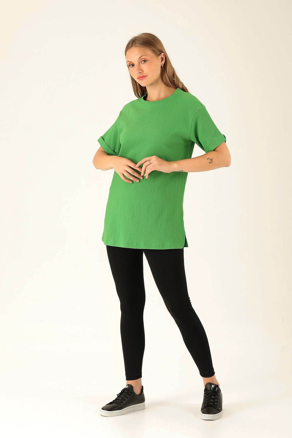 Kol Katlama Oversize Bayan Bluz - 6834A Benetton Yeşili