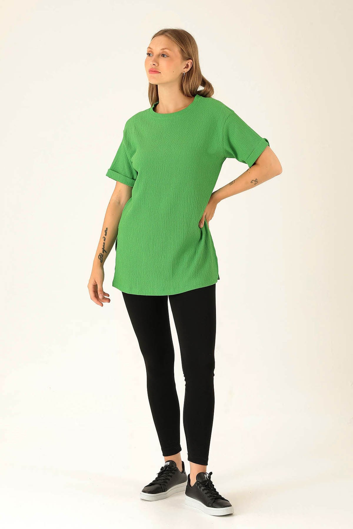 Kol Katlama Oversize Bayan Bluz - 6834A Benetton Yeşili
