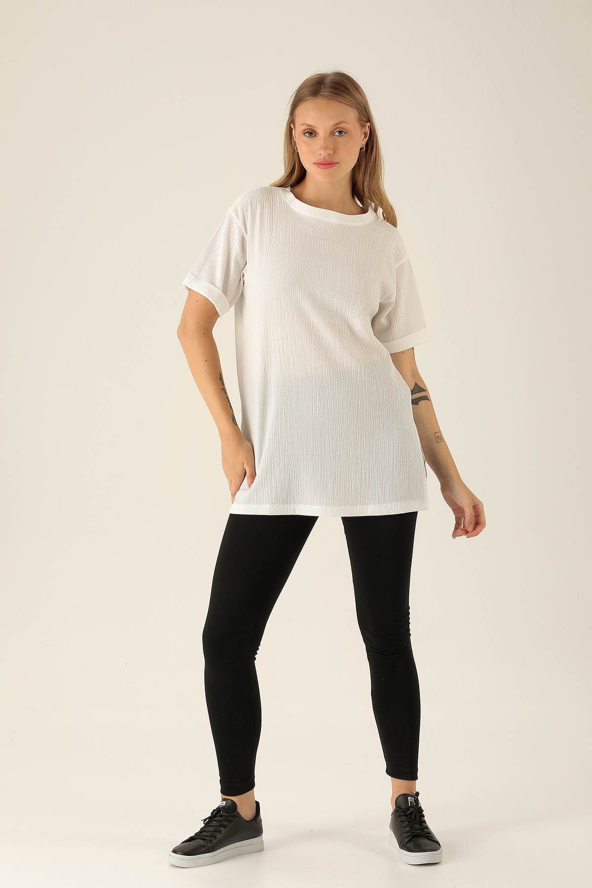Kol Katlama Oversize Bayan Bluz - 6834A Beyaz