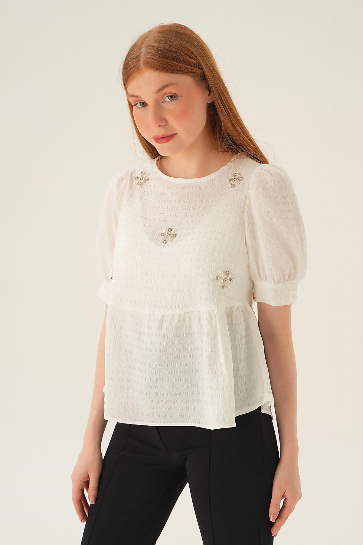 Krem Bisiklet Yaka Bluz 4106