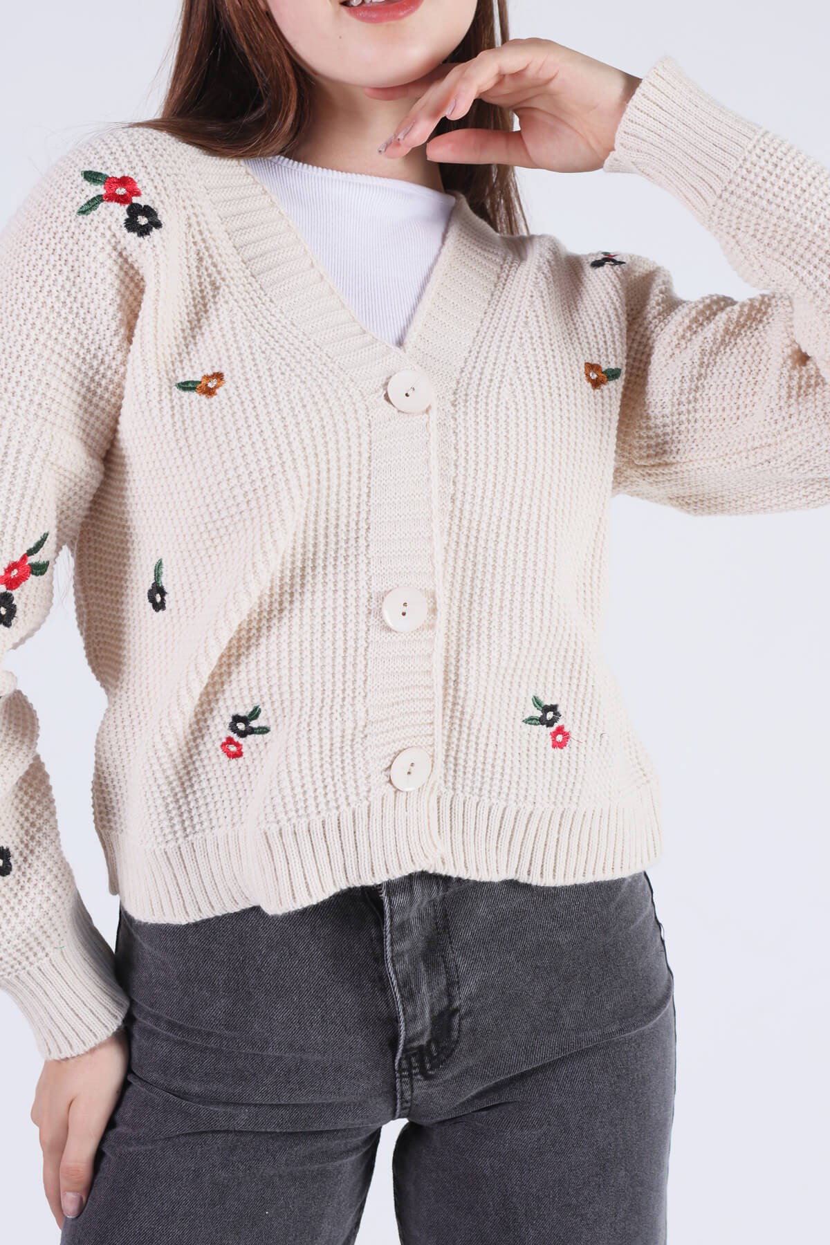 Krem Çiçekli Kısa Hırka 384