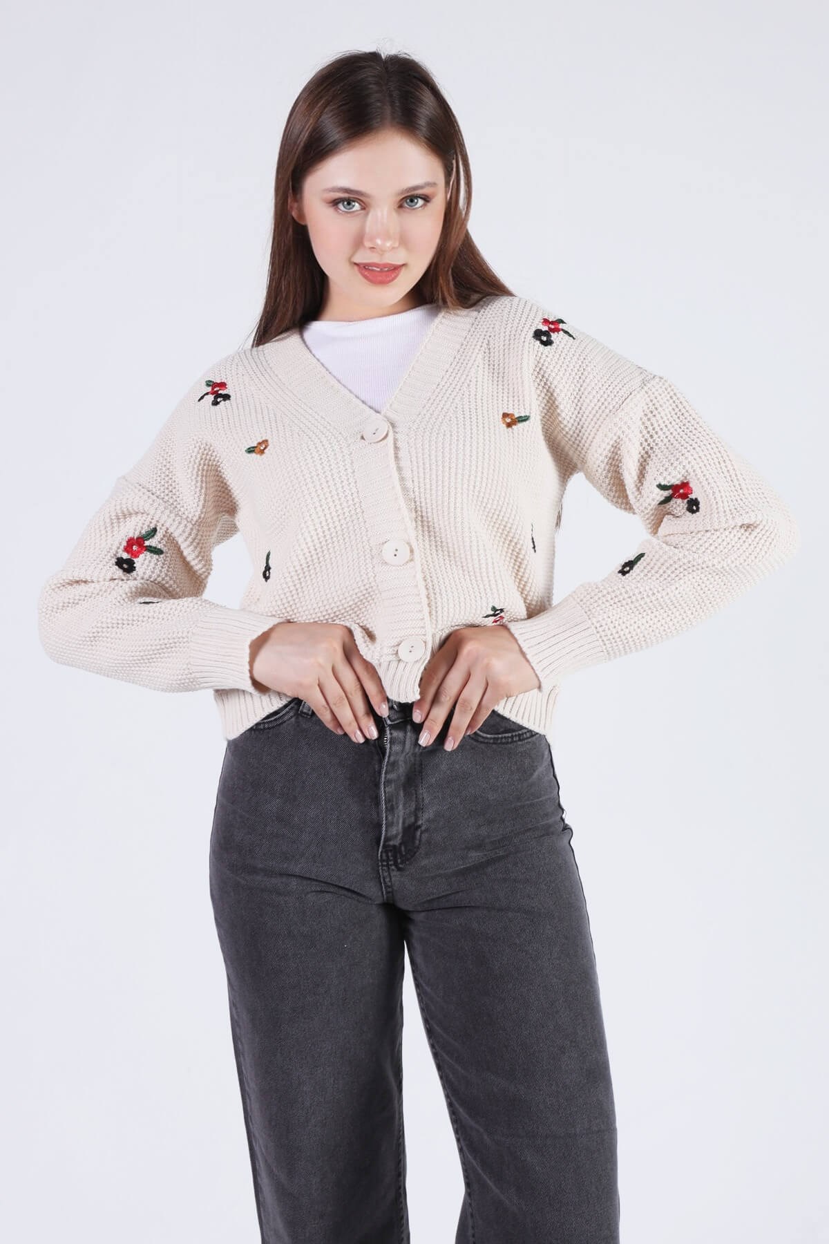 Krem Çiçekli Kısa Hırka 384