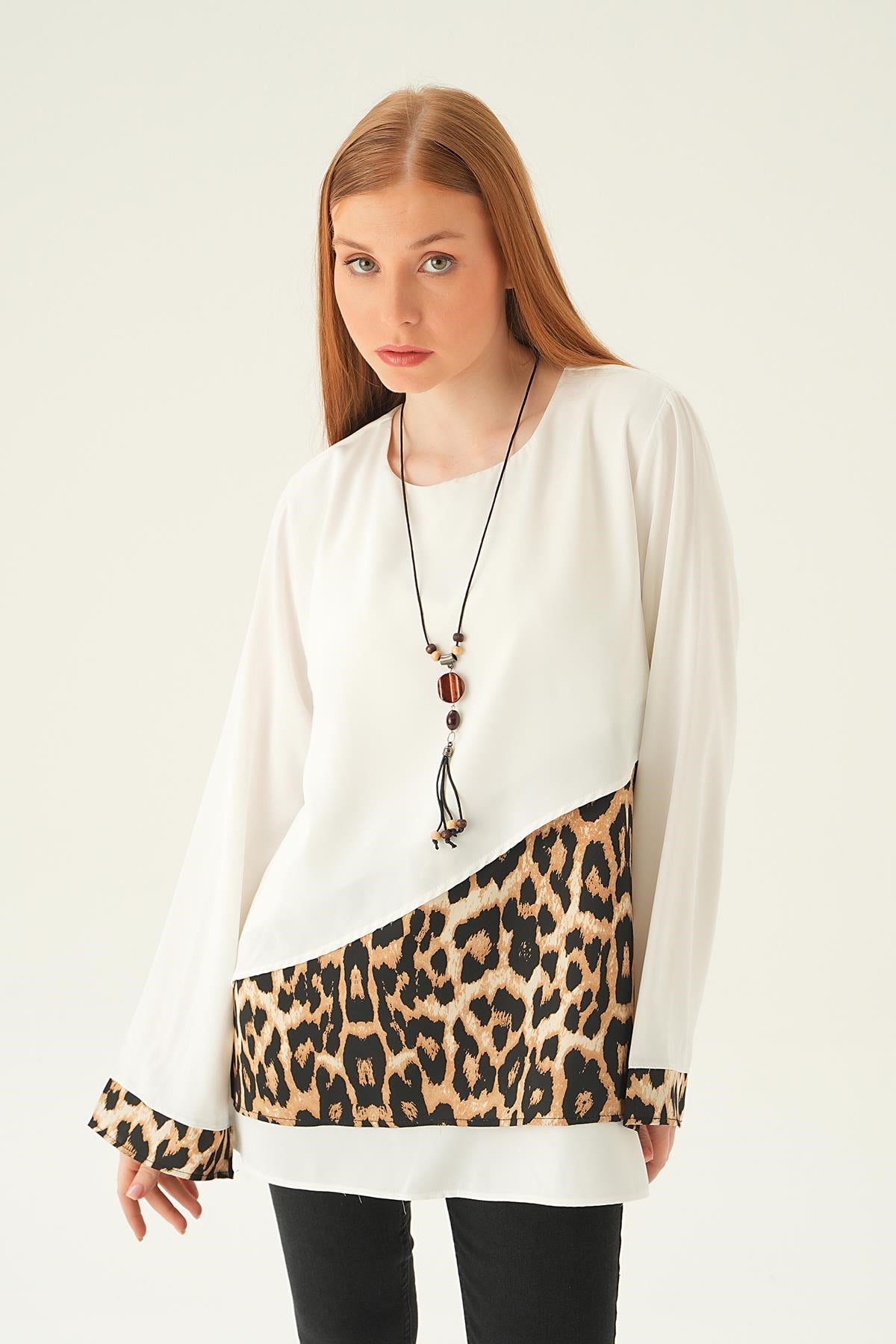 Krem Leopar Detay Bluz 25548