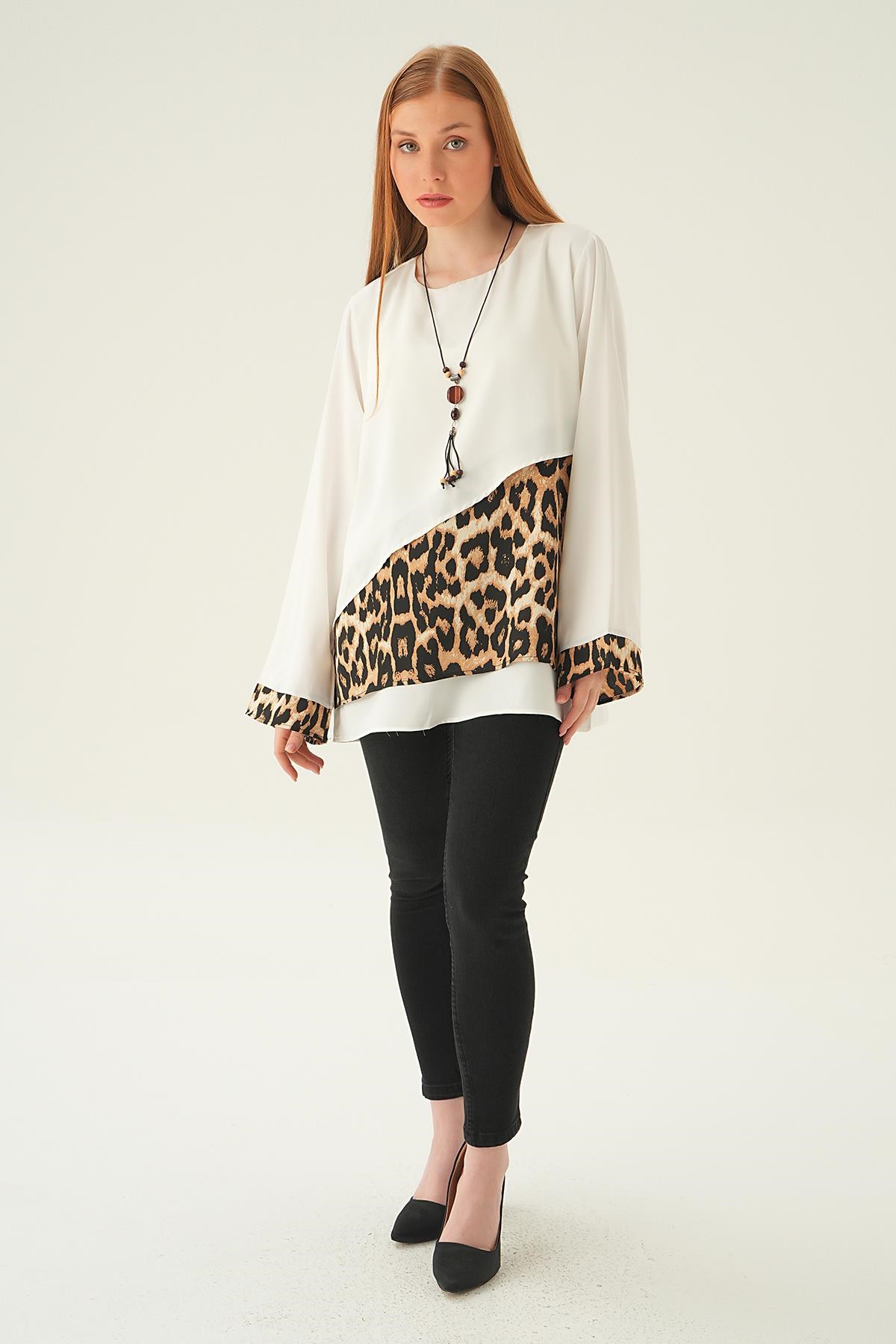 Krem Leopar Detay Bluz 25548
