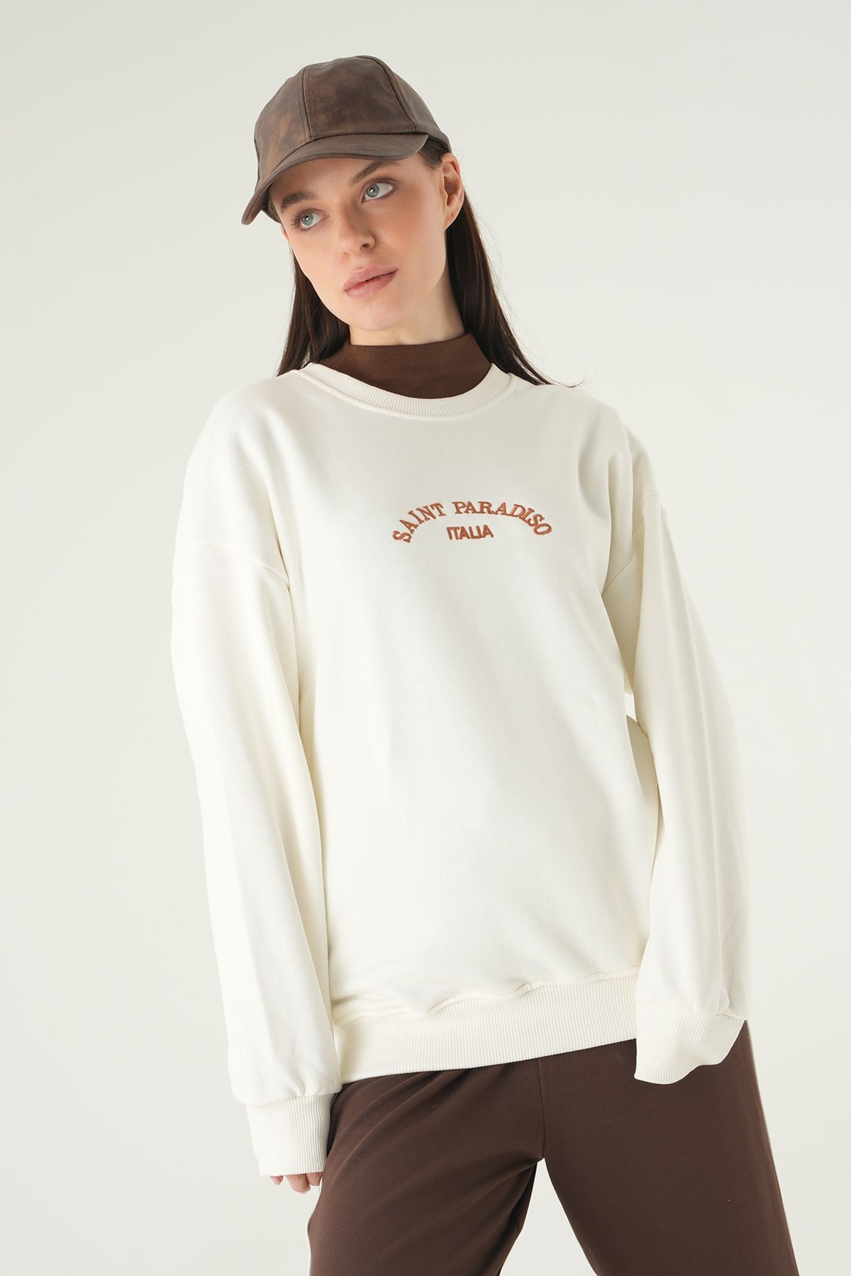 Krem Saint Paradiso Baskılı Sweat 1036