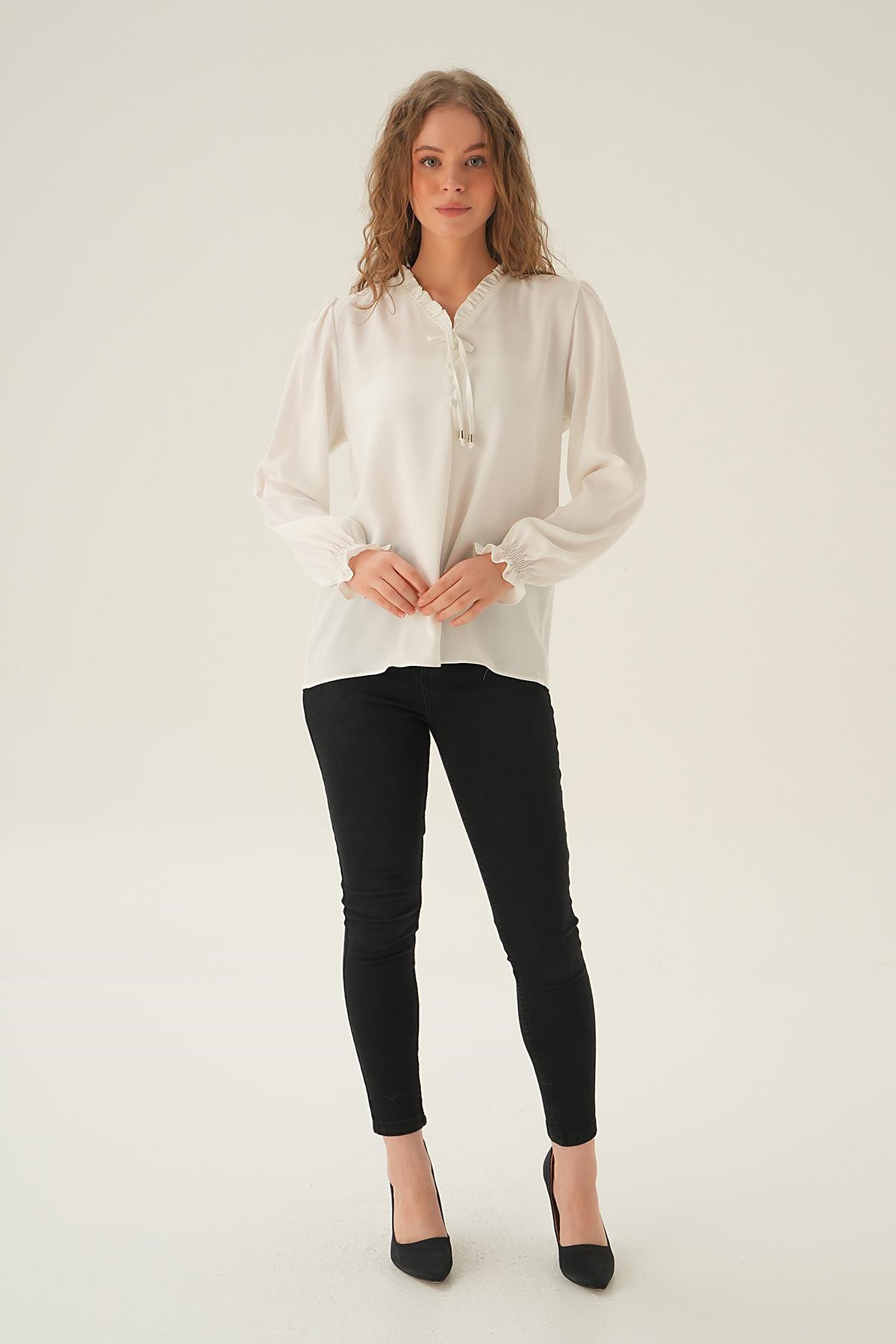 Krem Yaka Bağlamalı Bluz 25541