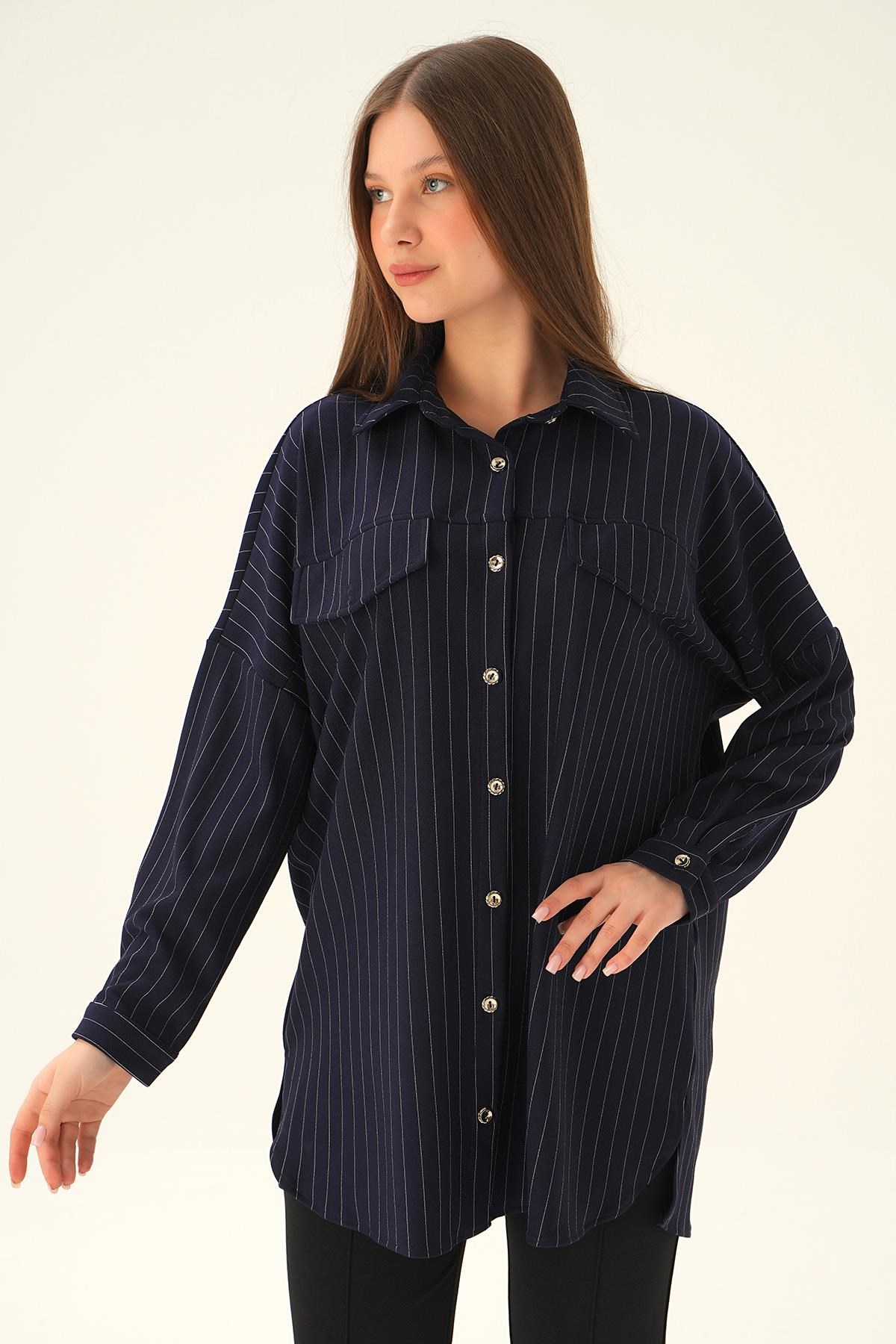 Laci Çift Cep Oversize Çizgili Gömlek 4036A