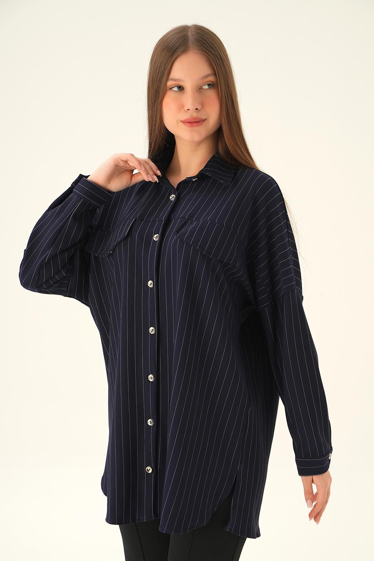 Laci Çift Cep Oversize Çizgili Gömlek 4036A
