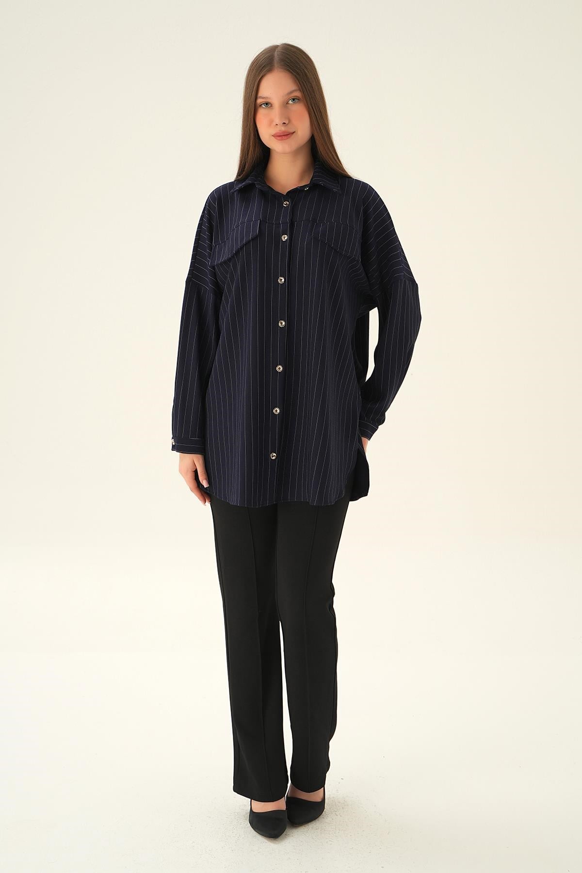 Laci Çift Cep Oversize Çizgili Gömlek 4036A
