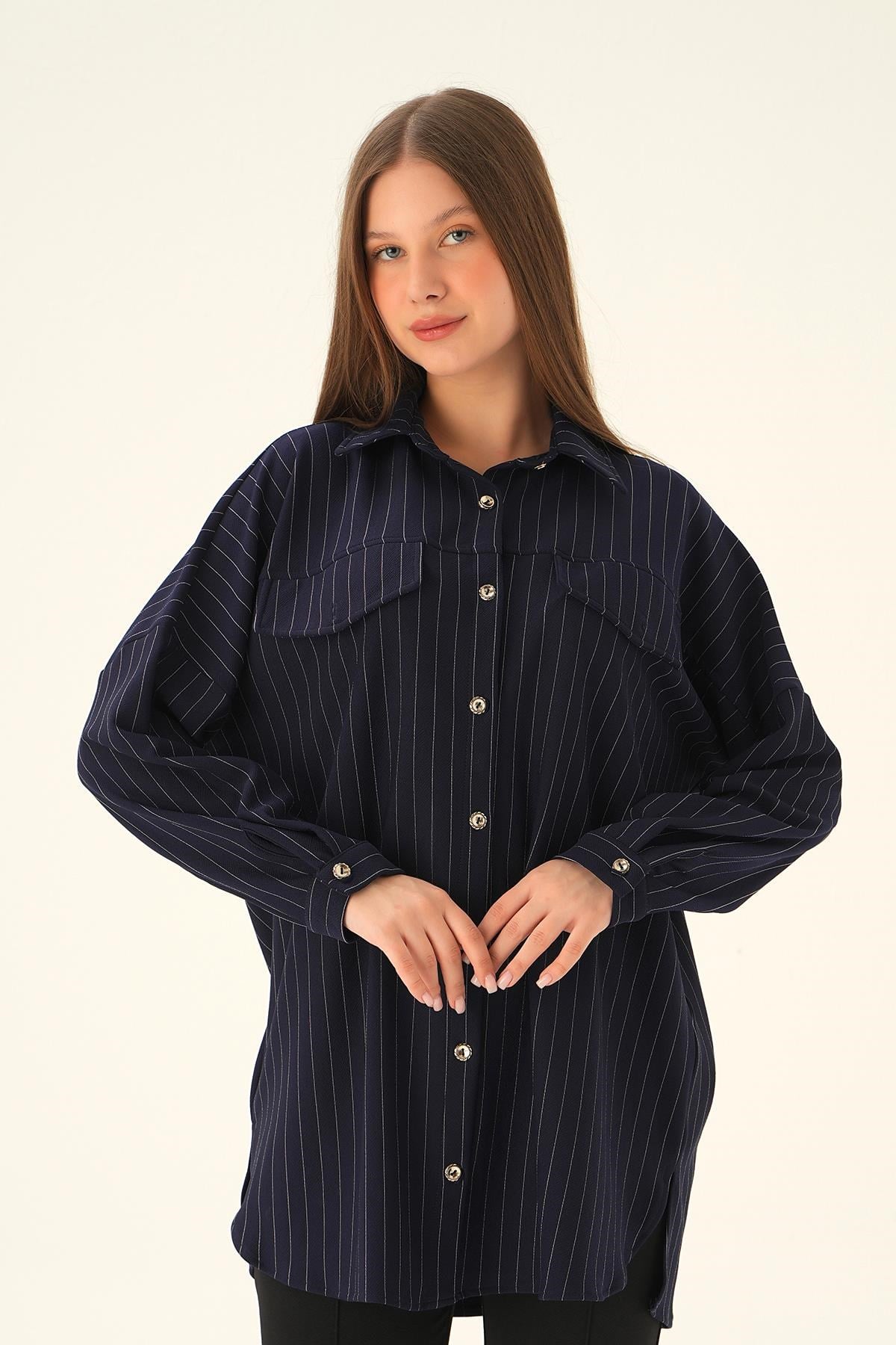 Laci Çift Cep Oversize Çizgili Gömlek 4036A