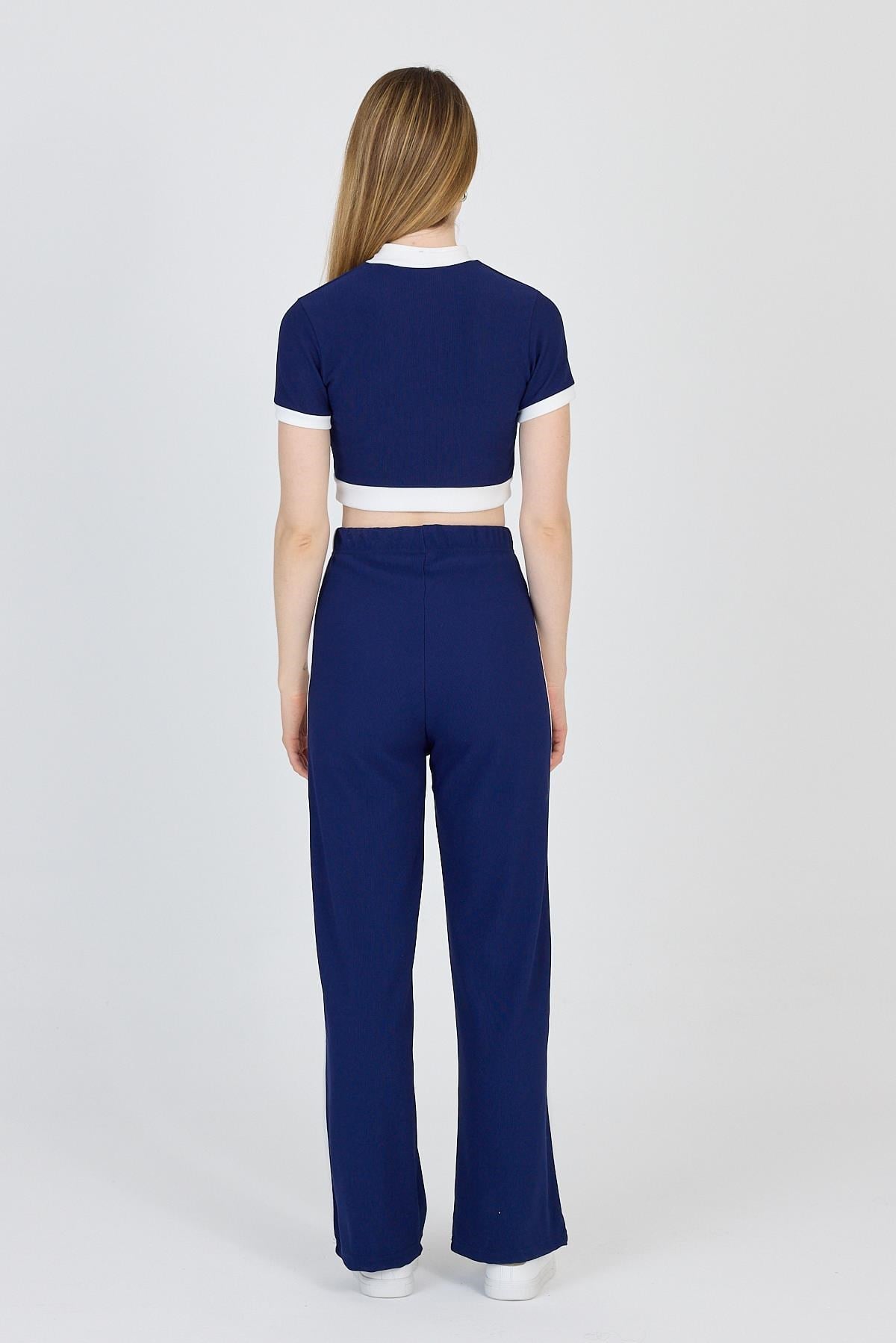 Laci Düğmeli Crop Bluz & Şeritli Palazzo Pantolon Takım 2214