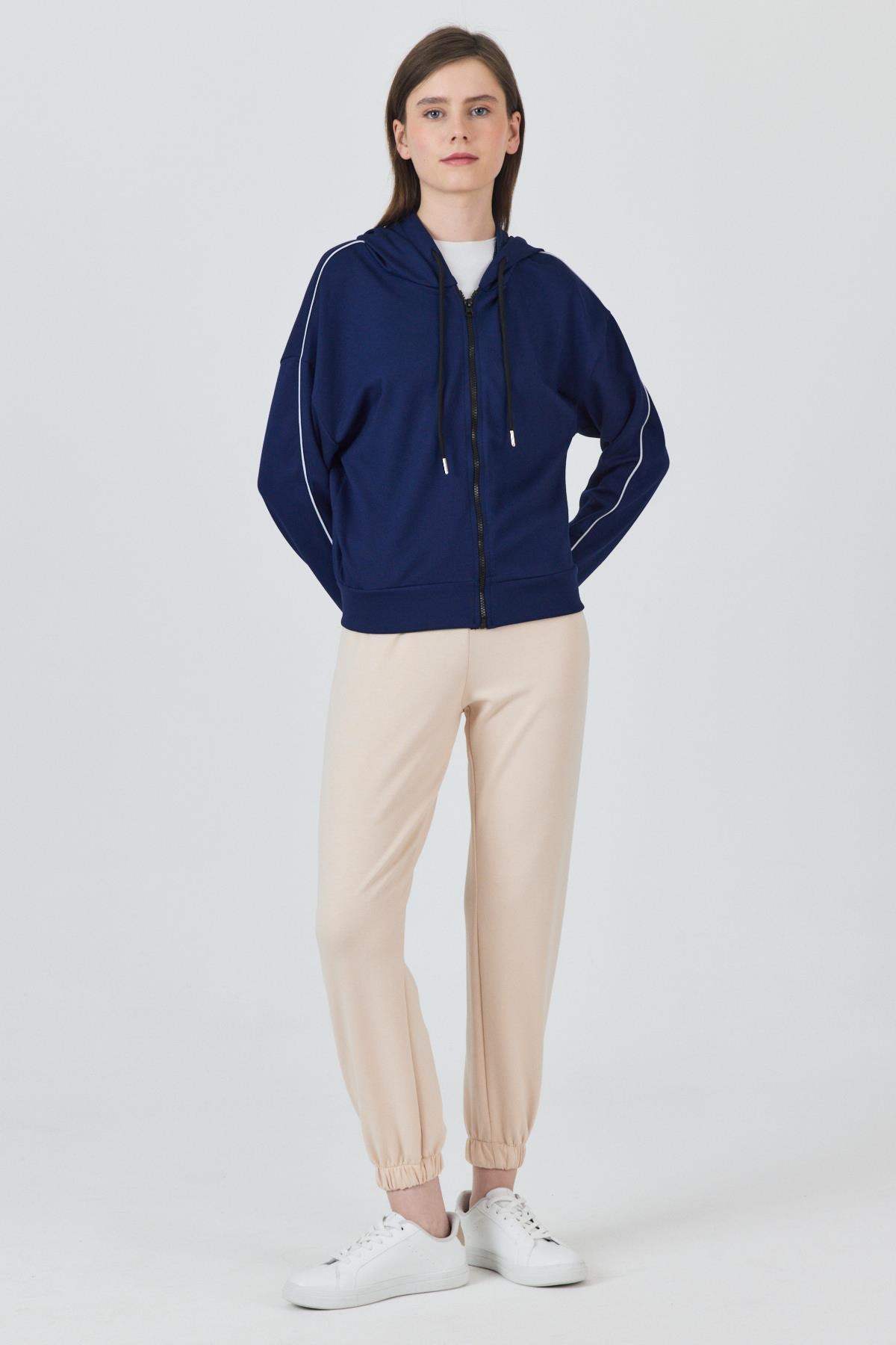 Laci Fermuarlı Kapüşonlu Şerit Detaylı Sweatshirt 3045