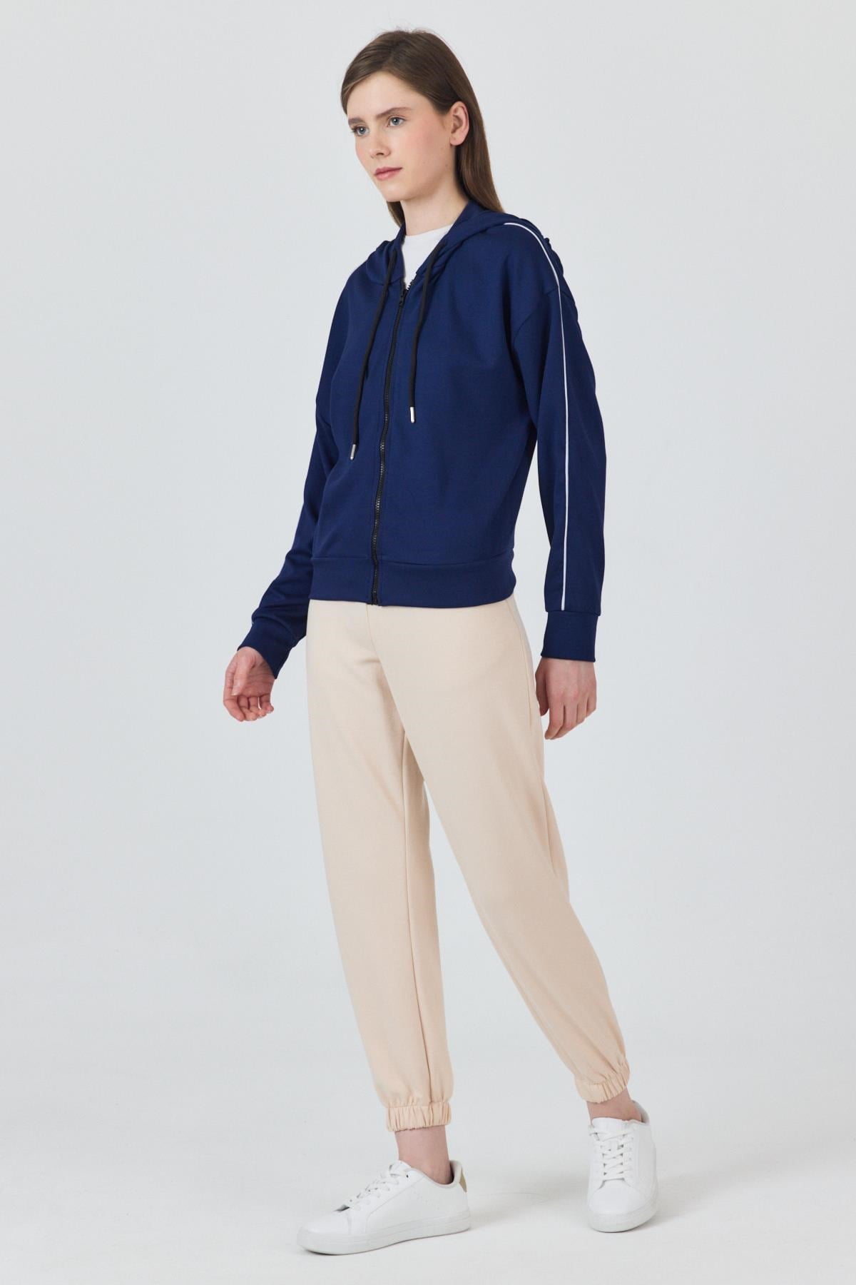 Laci Fermuarlı Kapüşonlu Şerit Detaylı Sweatshirt 3045