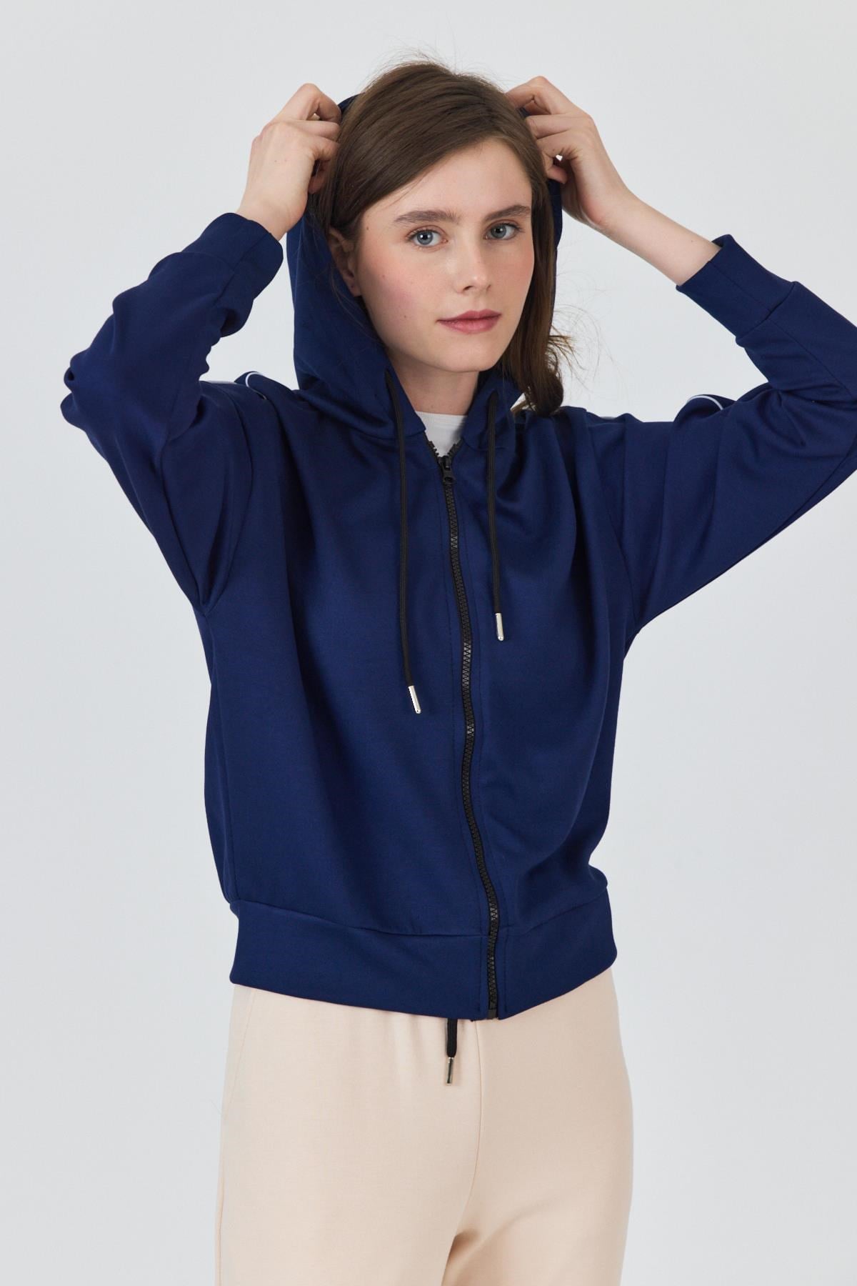 Laci Fermuarlı Kapüşonlu Şerit Detaylı Sweatshirt 3045