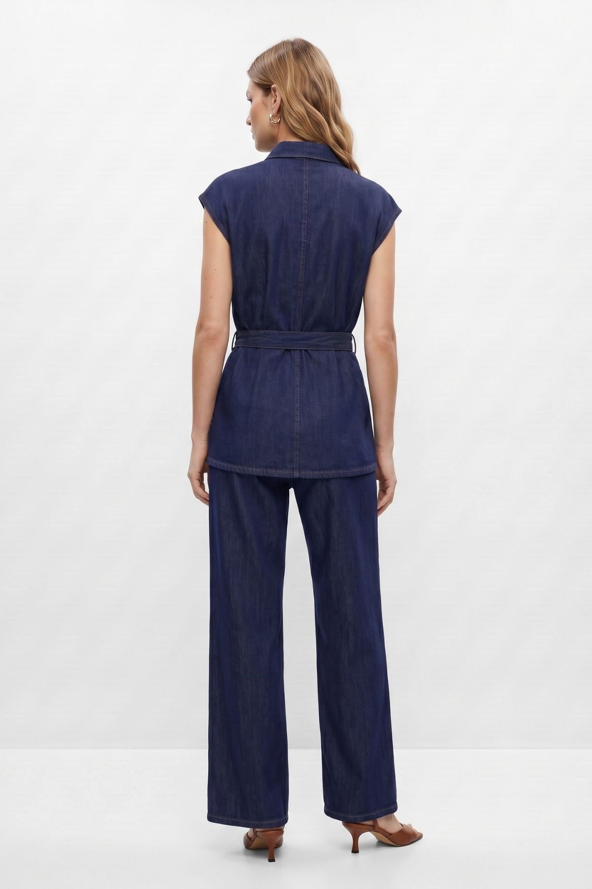 Laci Kuşaklı Sıfır Kol Jean Ceket Pantolon Takım 002
