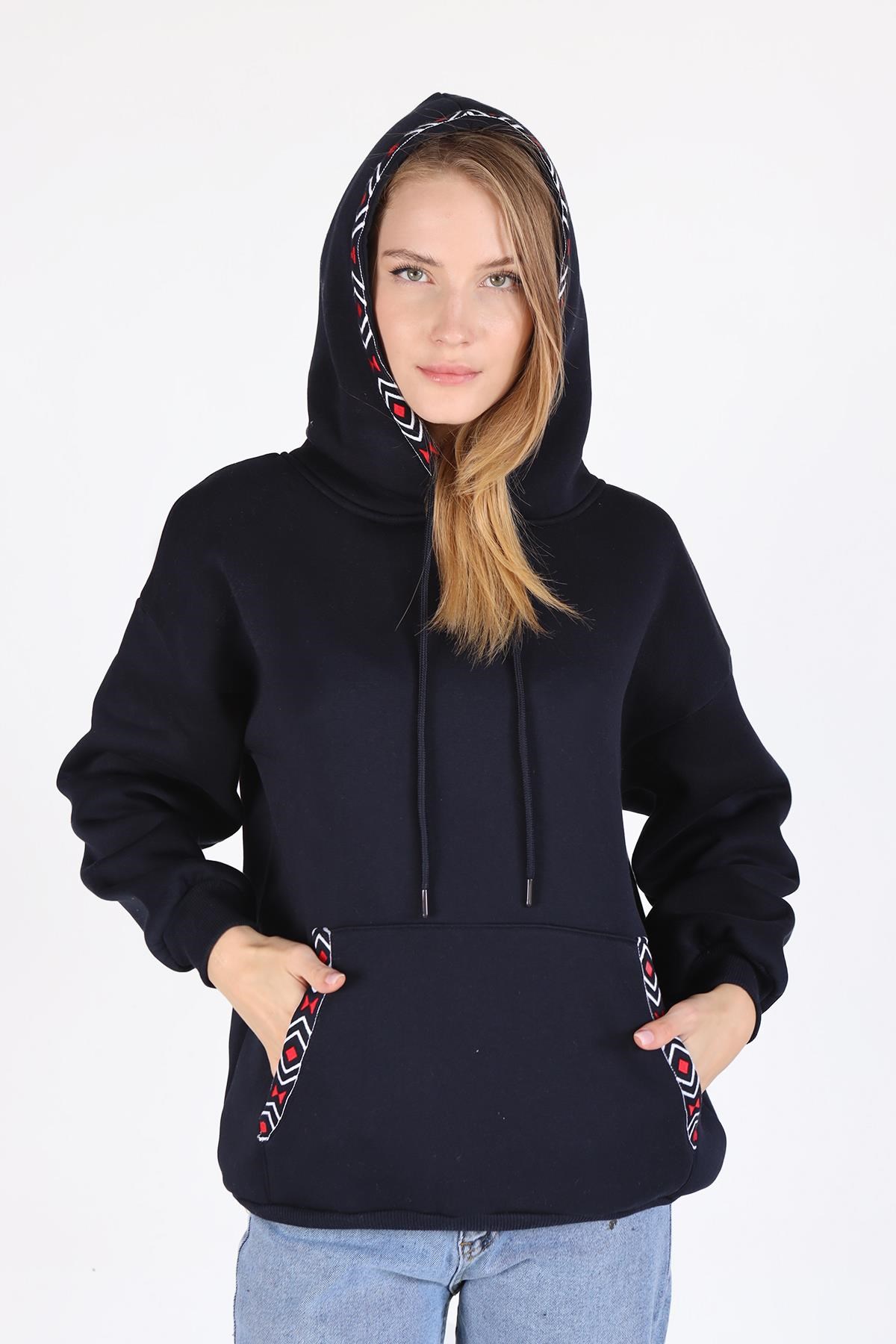 Laci Yaka Cep Nakışlı Kapüşonlu Sweat 9141M