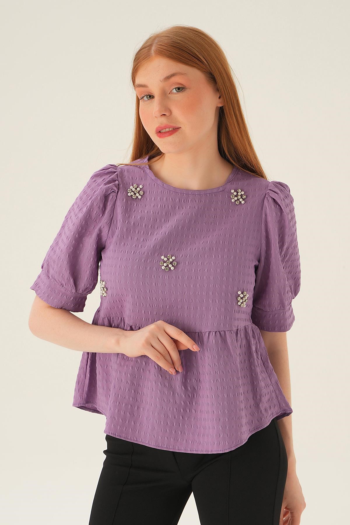 Lila Bisiklet Yaka Bluz 4106