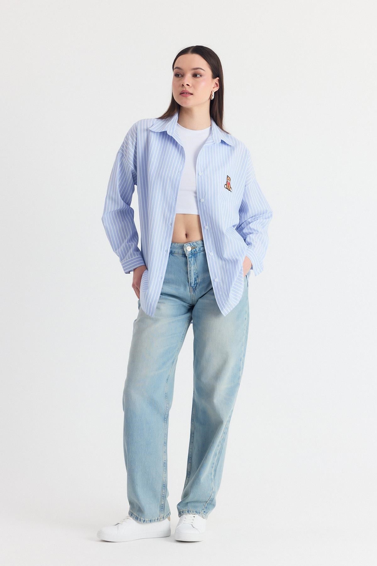 Mavi Ayıcık Nakışlı Oversize Gömlek 4689A
