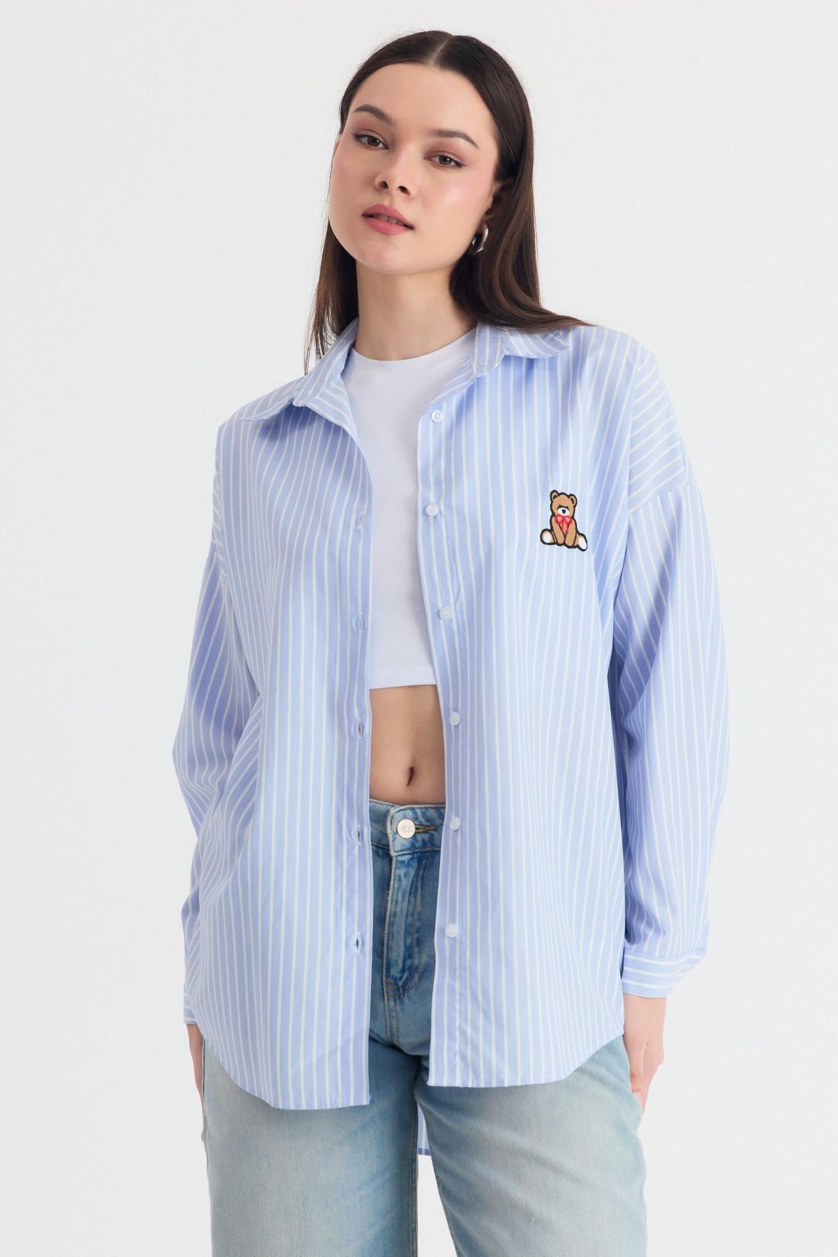 Mavi Ayıcık Nakışlı Oversize Gömlek 4689A