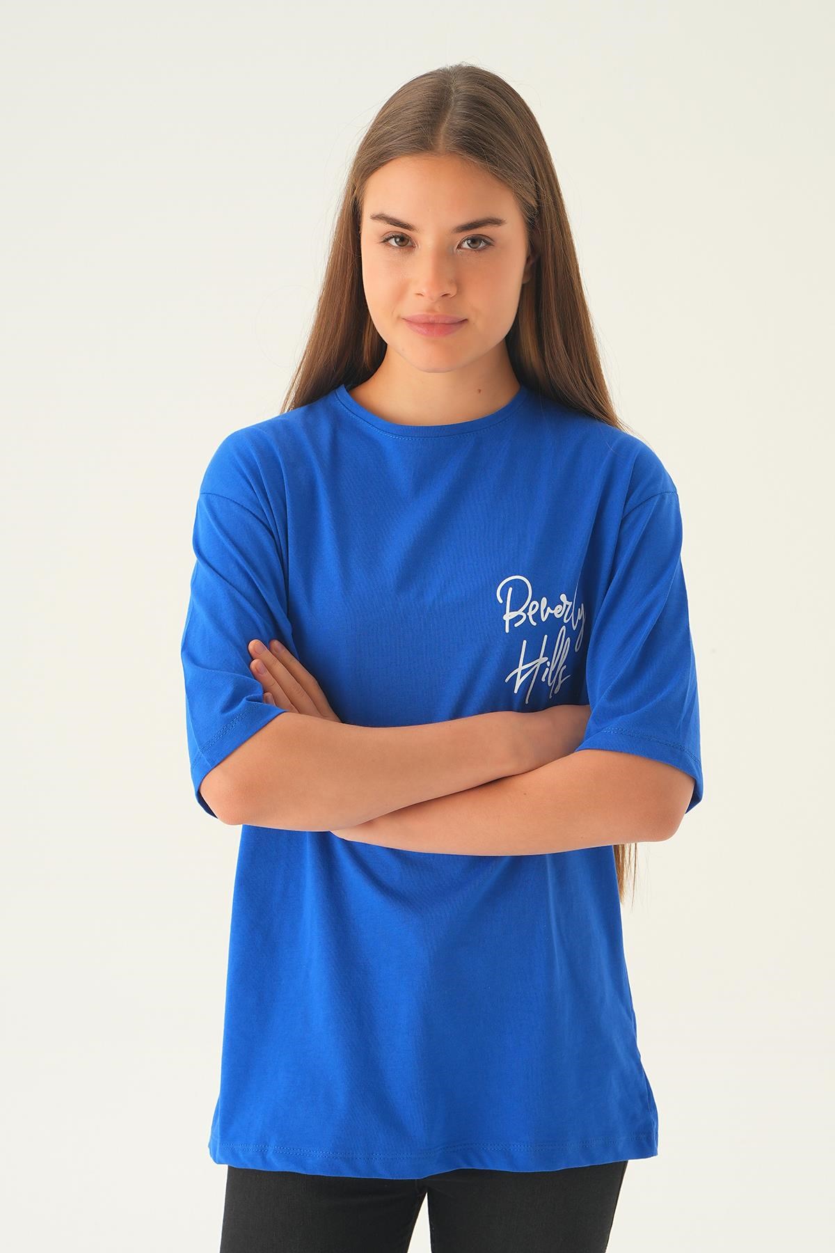 Mavi Baskılı Oversize Tişört 1707