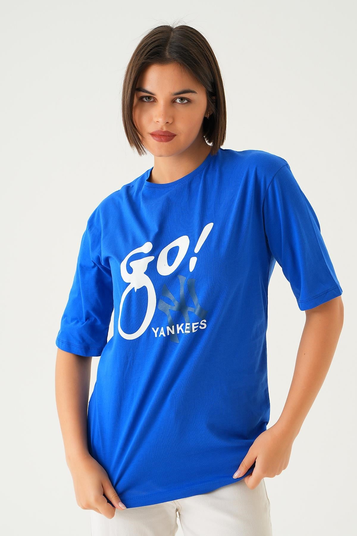 Mavi Baskılı Oversize Tişört 1709