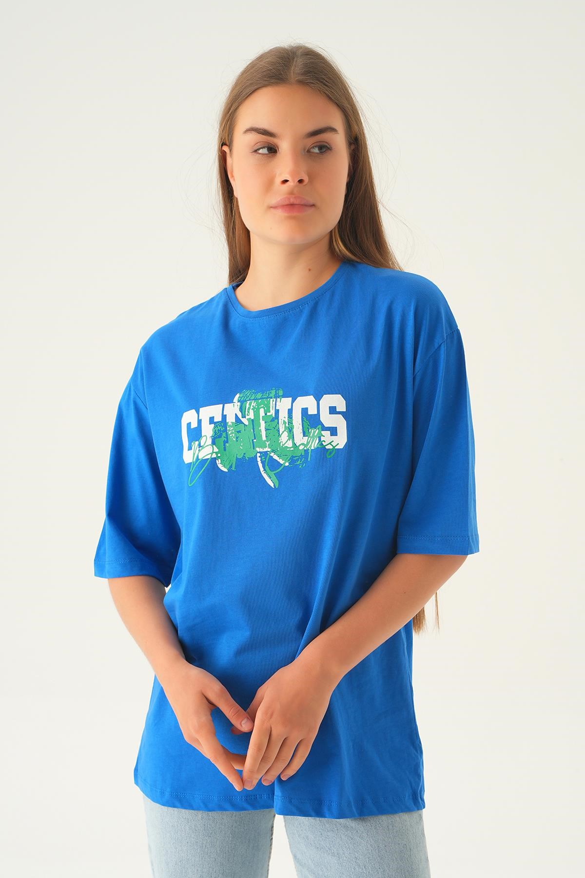 Mavi Celtıcs Baskı Oversize Tişört 1701