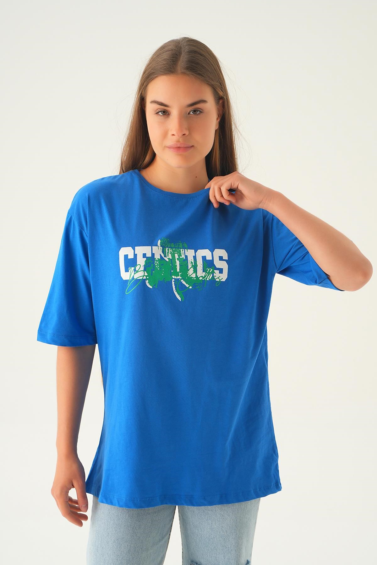 Mavi Celtıcs Baskı Oversize Tişört 1701