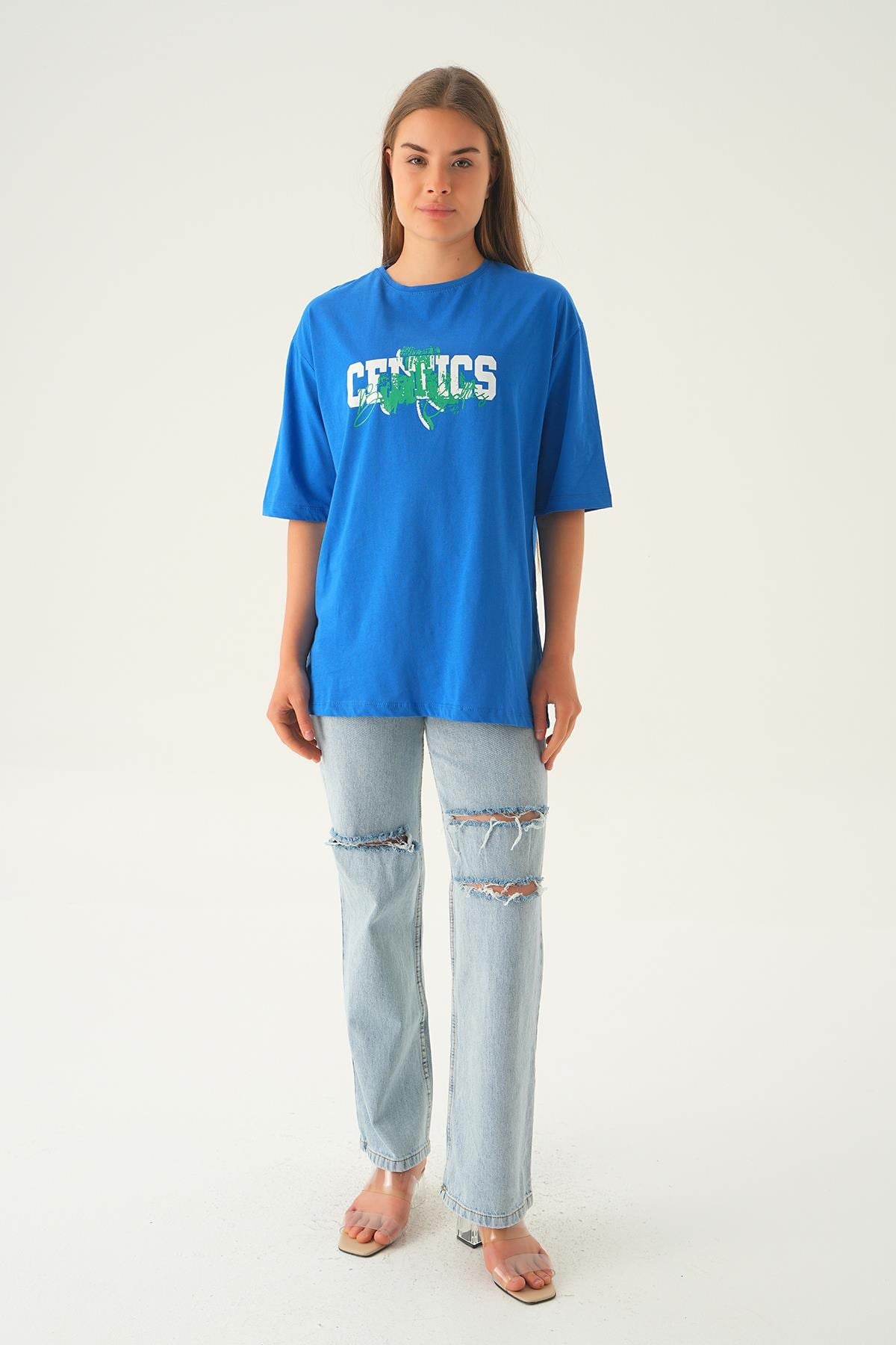 Mavi Celtıcs Baskı Oversize Tişört 1701