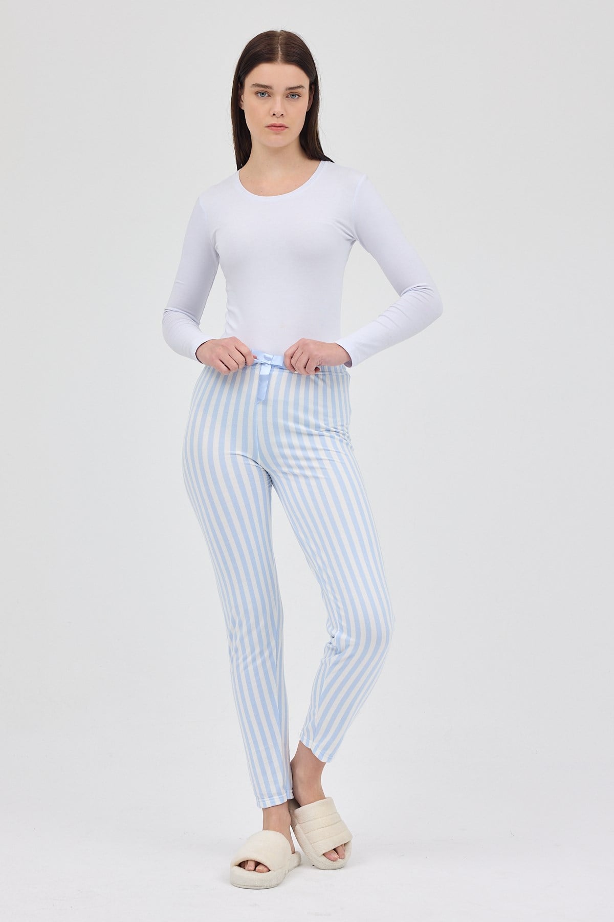 Mavi Çizgi Desenli Lastik Bel Kadın Pijama Altı 4527