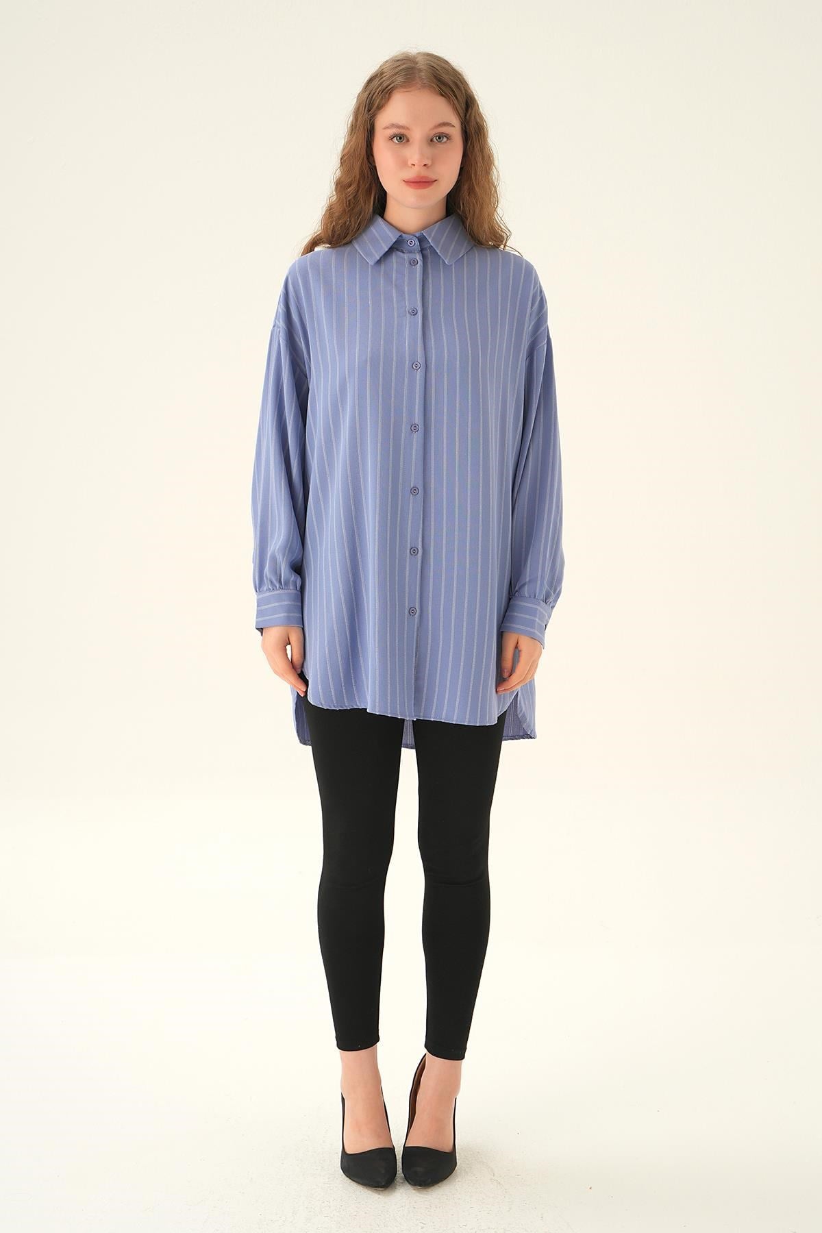 Mavi Çizgili Oversize Gömlek 4013A