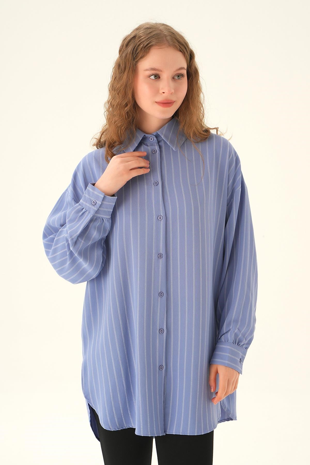 Mavi Çizgili Oversize Gömlek 4013A