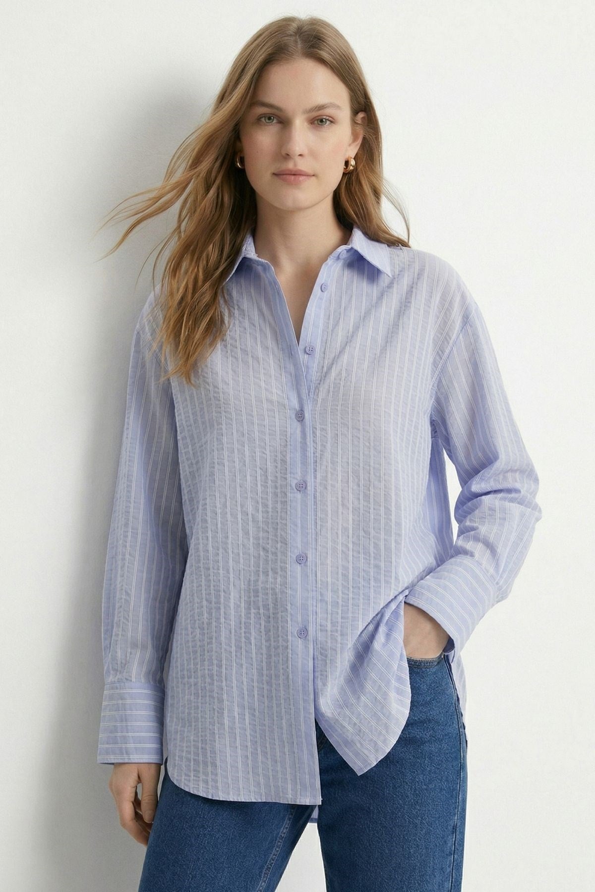 Mavi Çizgili Oversize Gömlek 5460