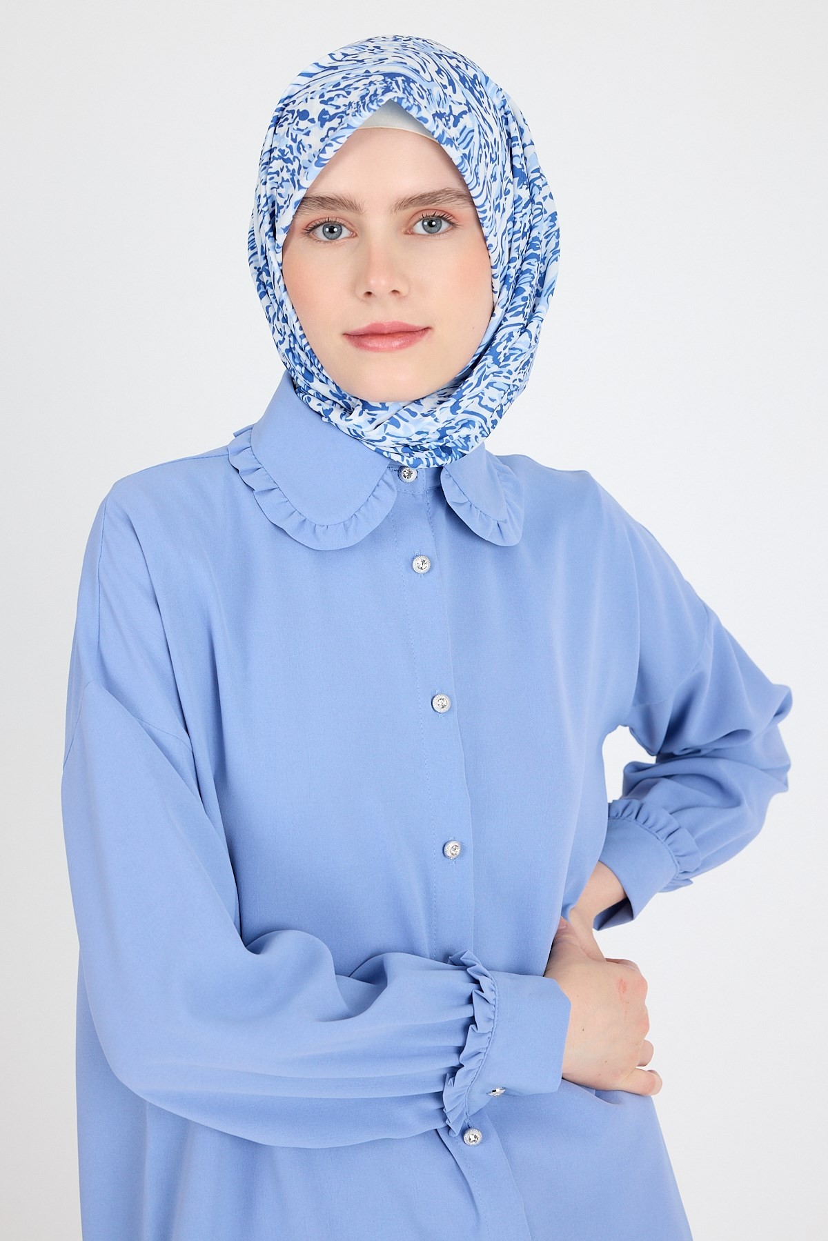 Mavi Ebru Desenli Eşarp 3012