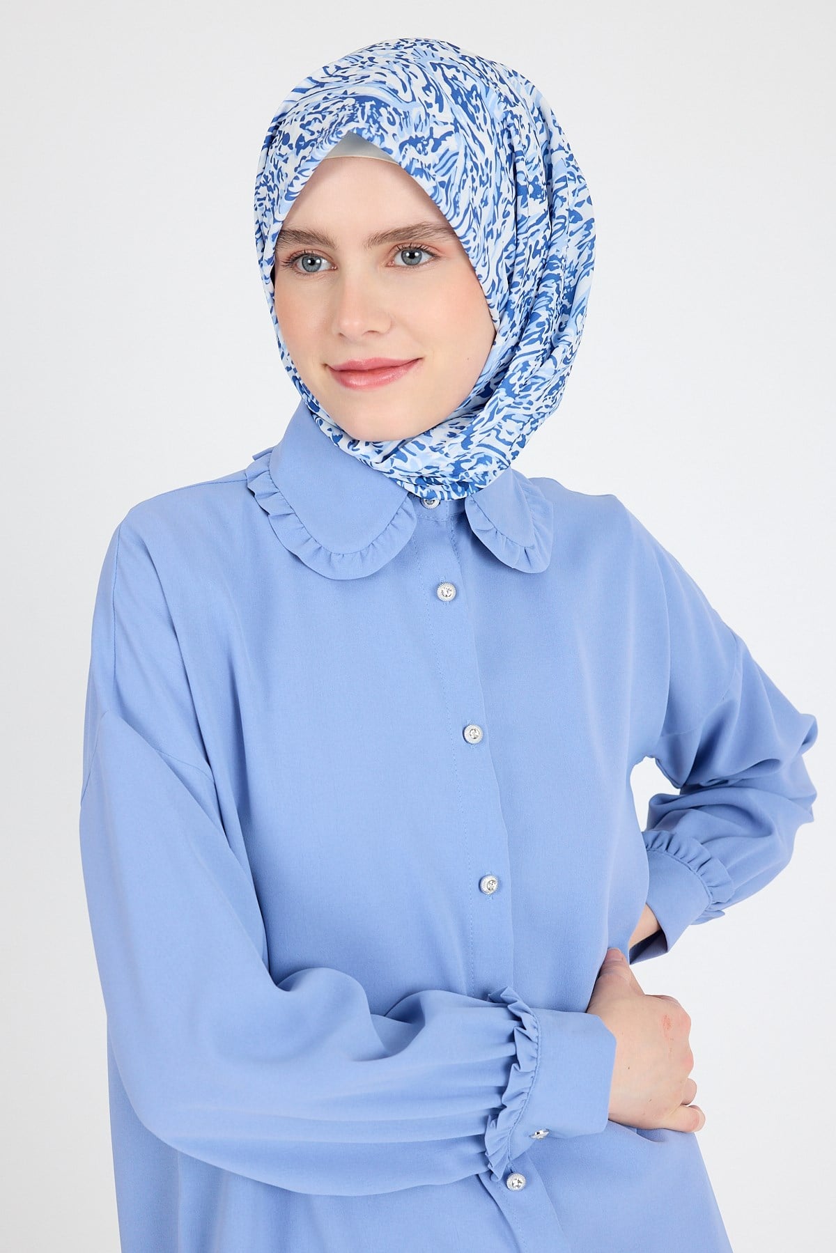 Mavi Ebru Desenli Eşarp 3012