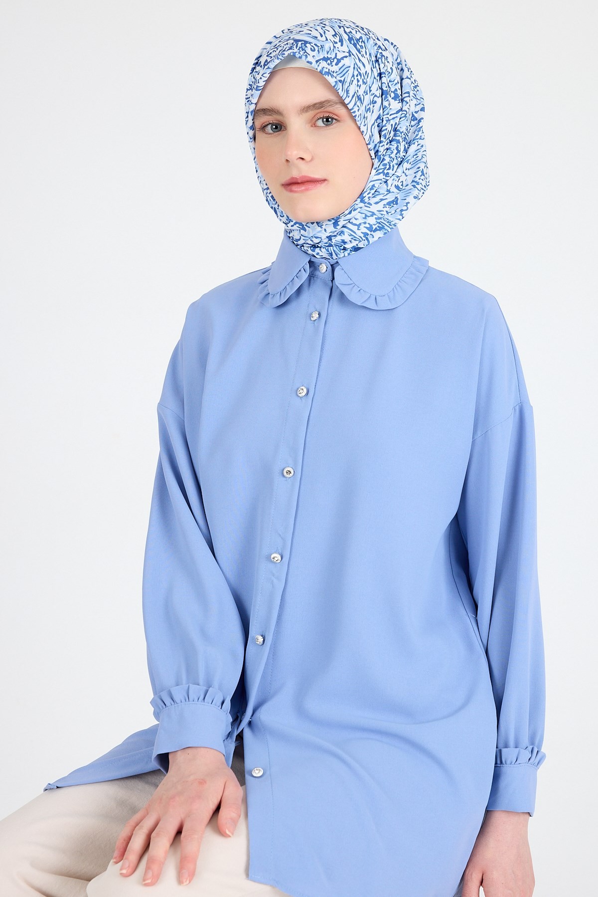 Mavi Ebru Desenli Eşarp 3012