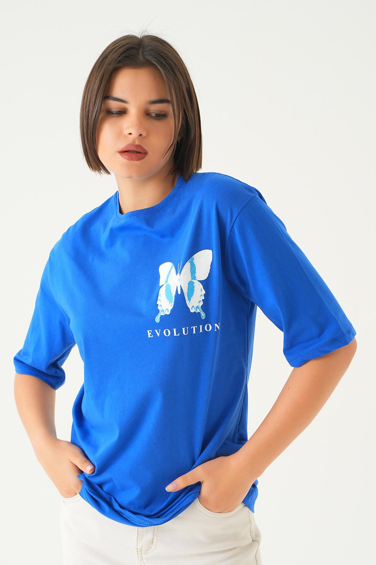 Mavi Kelebek Baskılı Oversize Tişört 1708