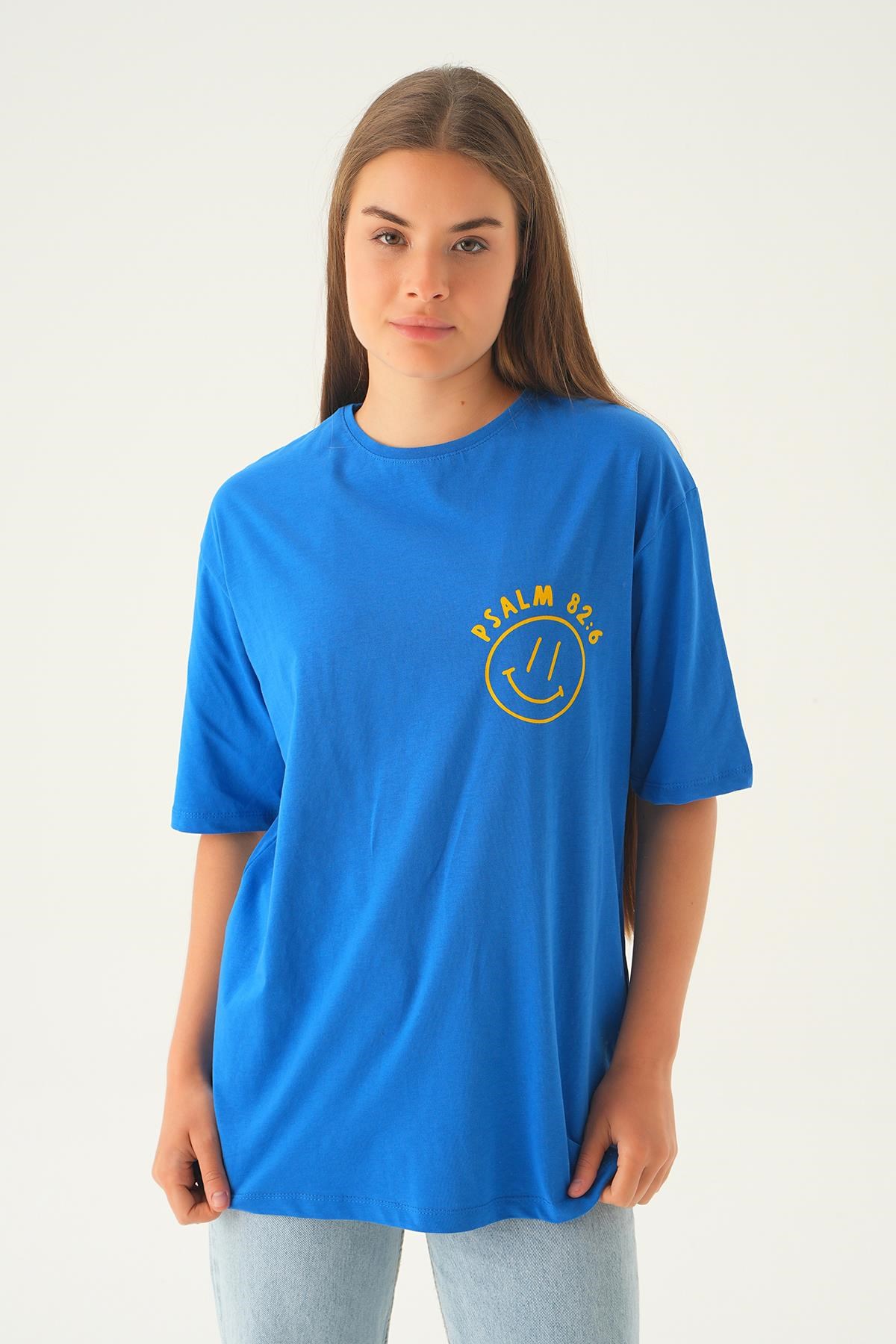 Mavi Psalm Baskı Oversize Tişört 1702
