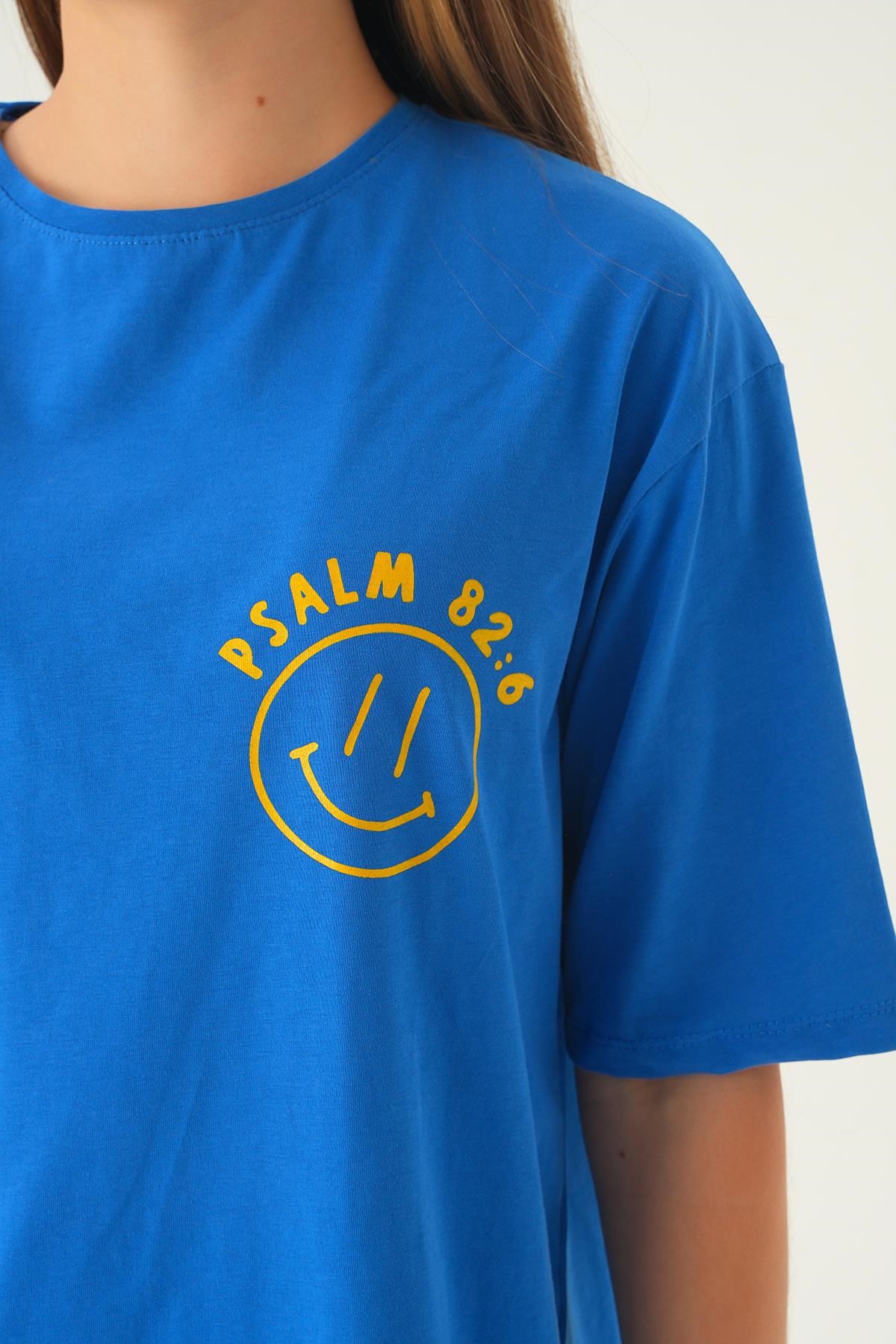Mavi Psalm Baskı Oversize Tişört 1702