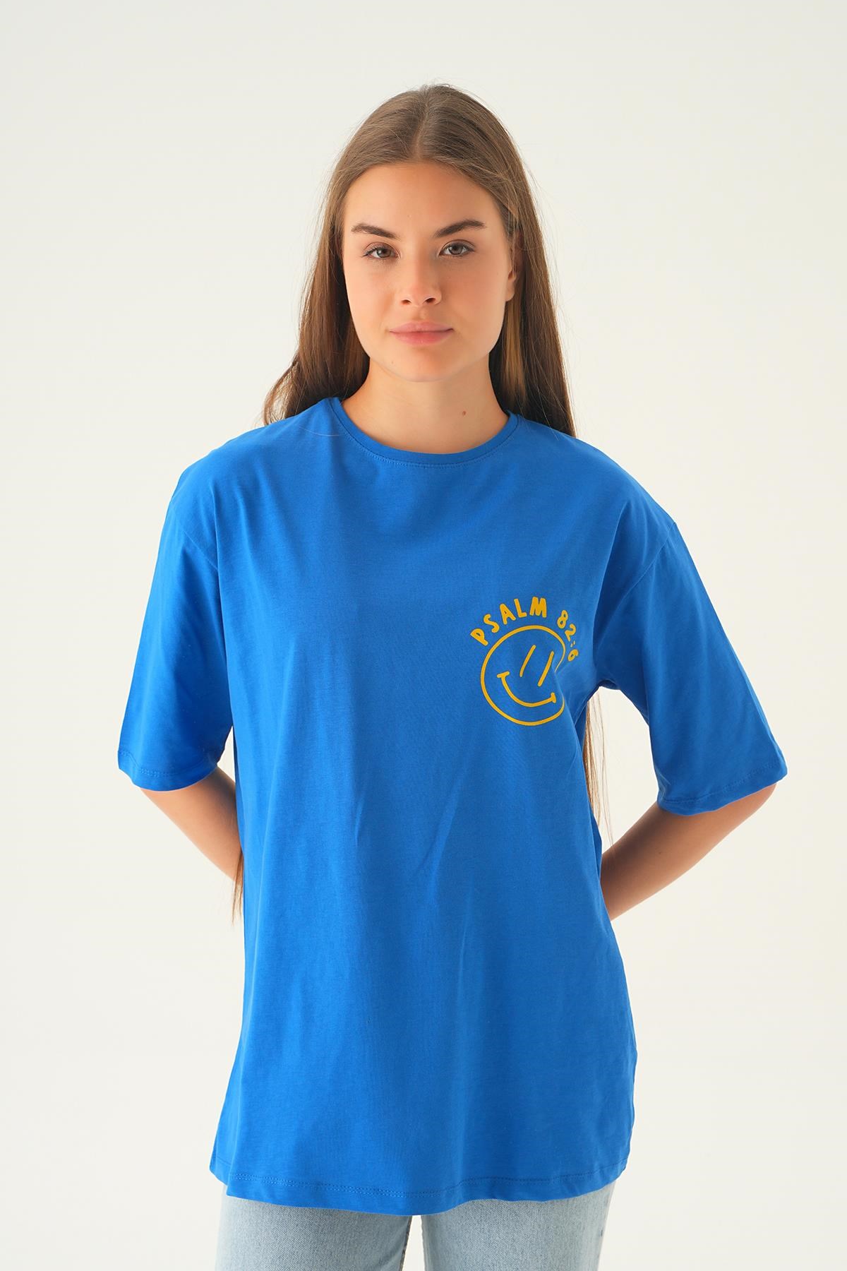 Mavi Psalm Baskı Oversize Tişört 1702