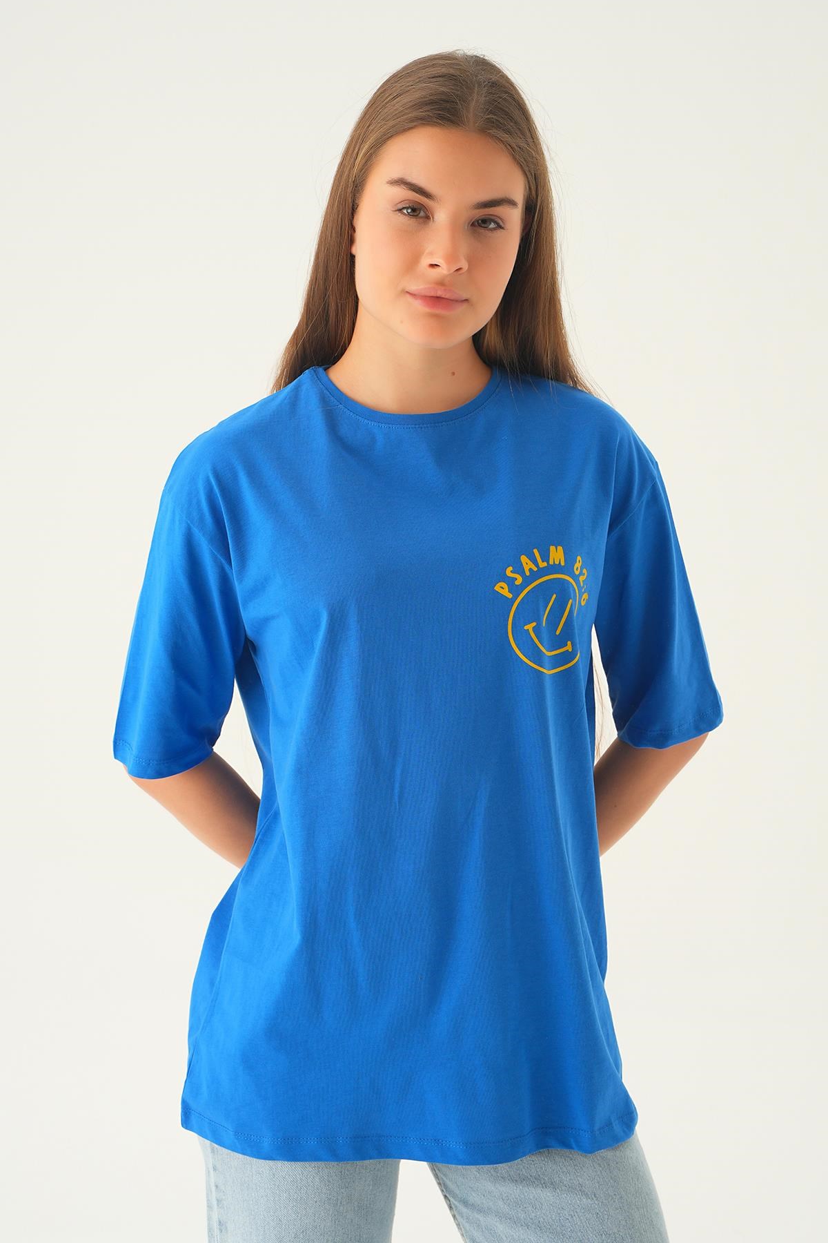 Mavi Psalm Baskı Oversize Tişört 1702