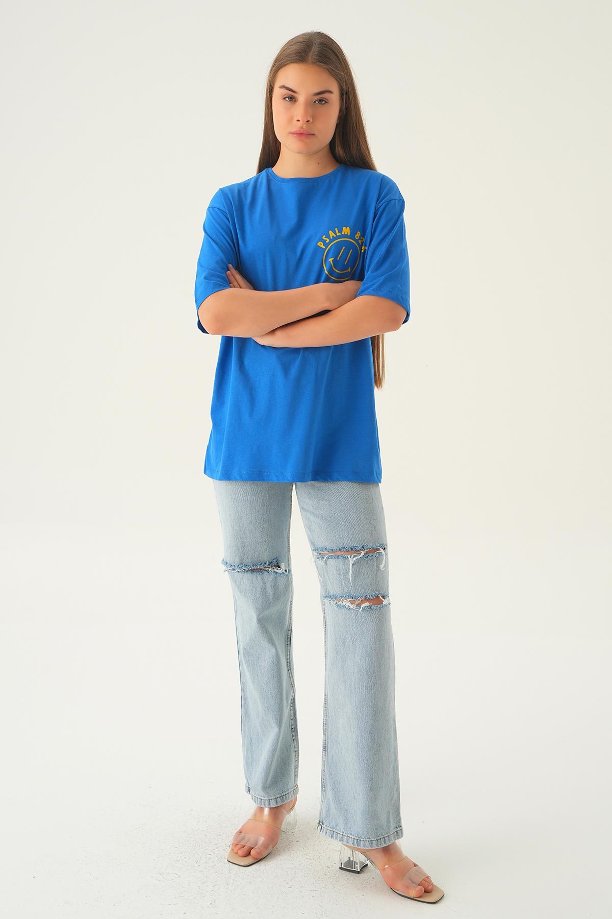 Mavi Psalm Baskı Oversize Tişört 1702