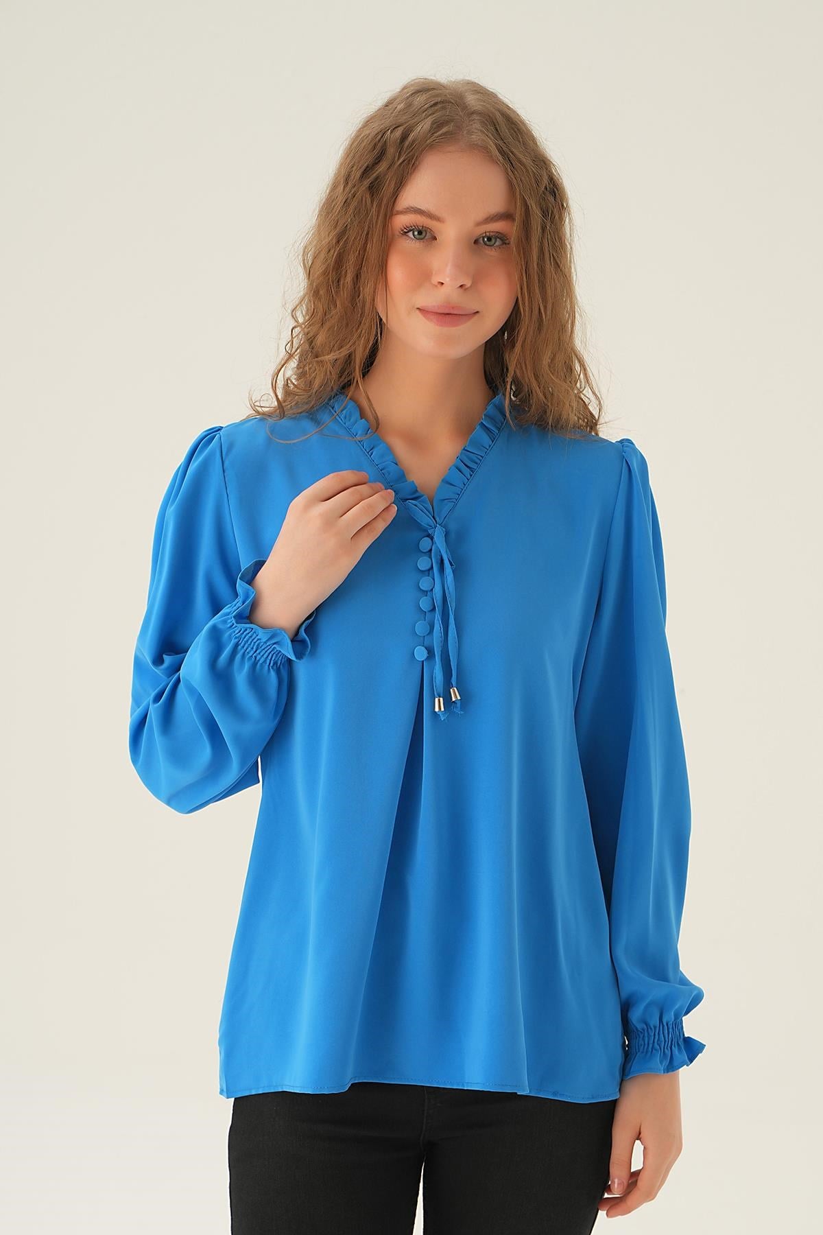 Mavi Yaka Bağlamalı Bluz 25541