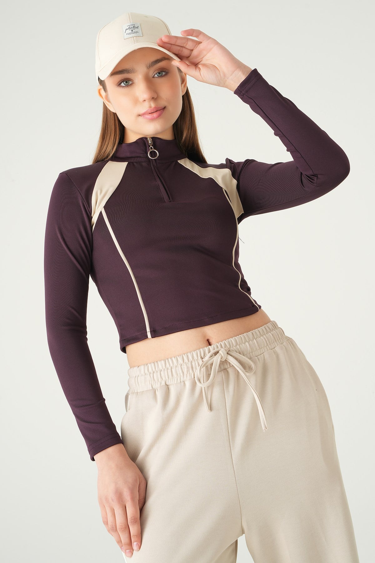 Mürdüm Şeritli Fermuarlı Sweat 8326A