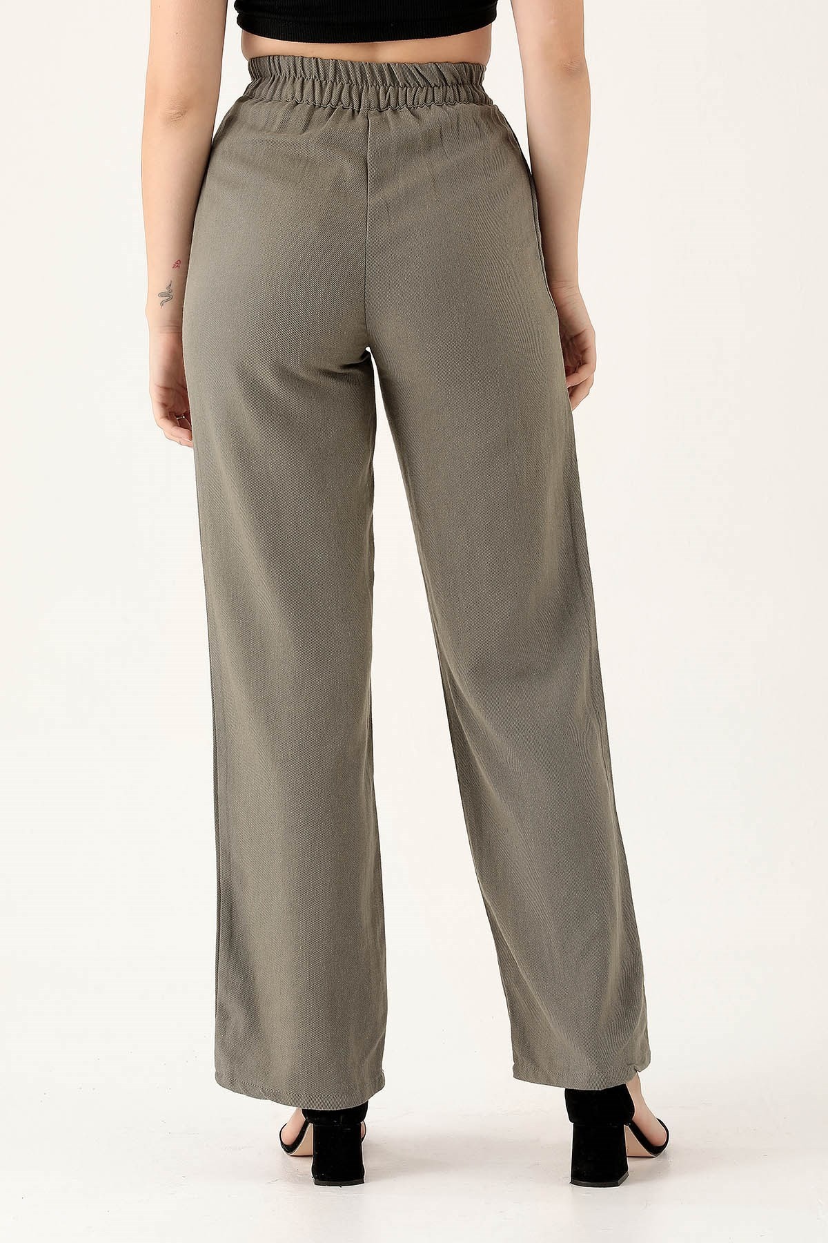 Olive Yeşili Bel Bantlı Palazzo Pantolon 3044