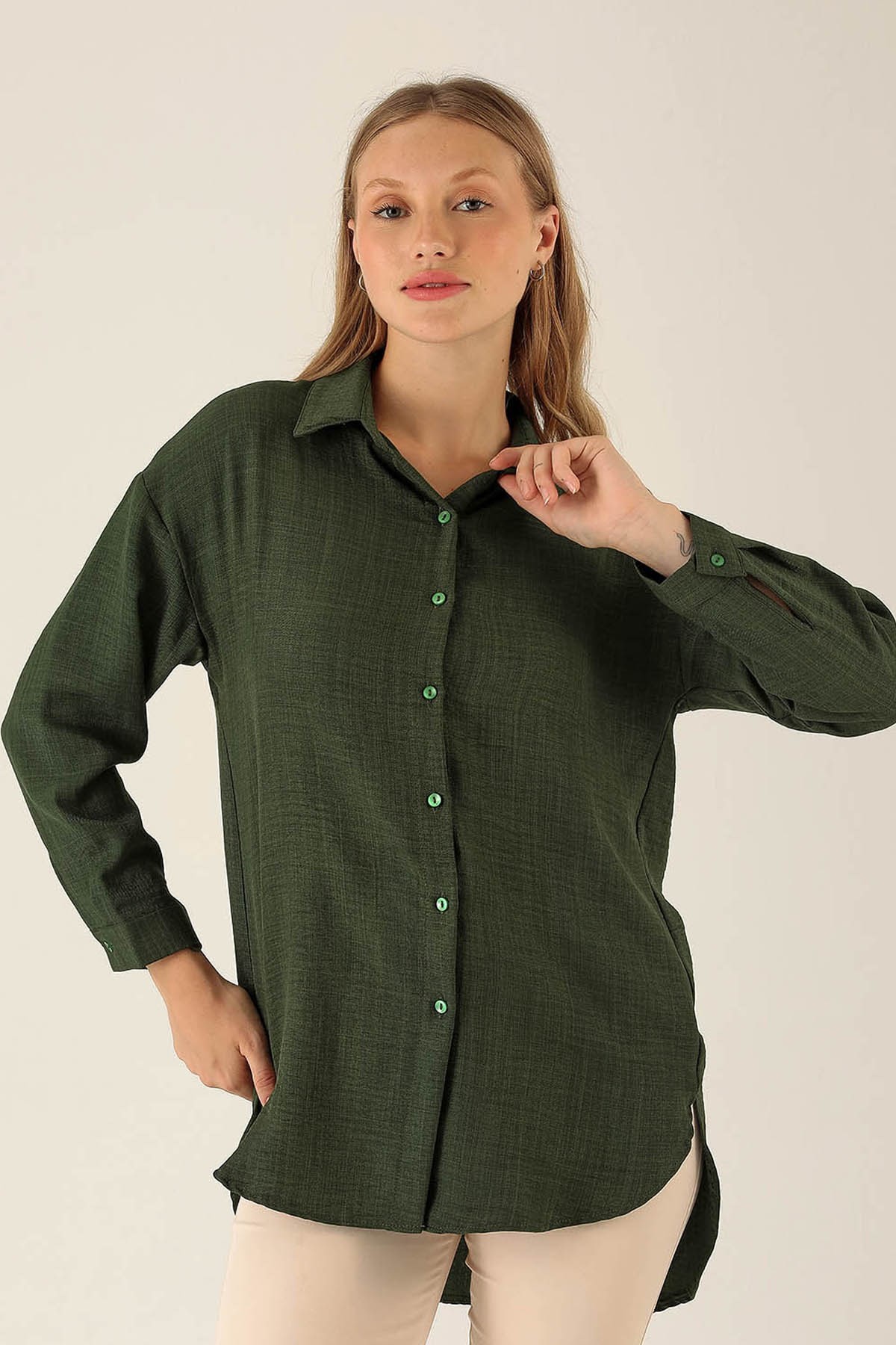 Önü Düğmeli Tunik - 6803A Haki
